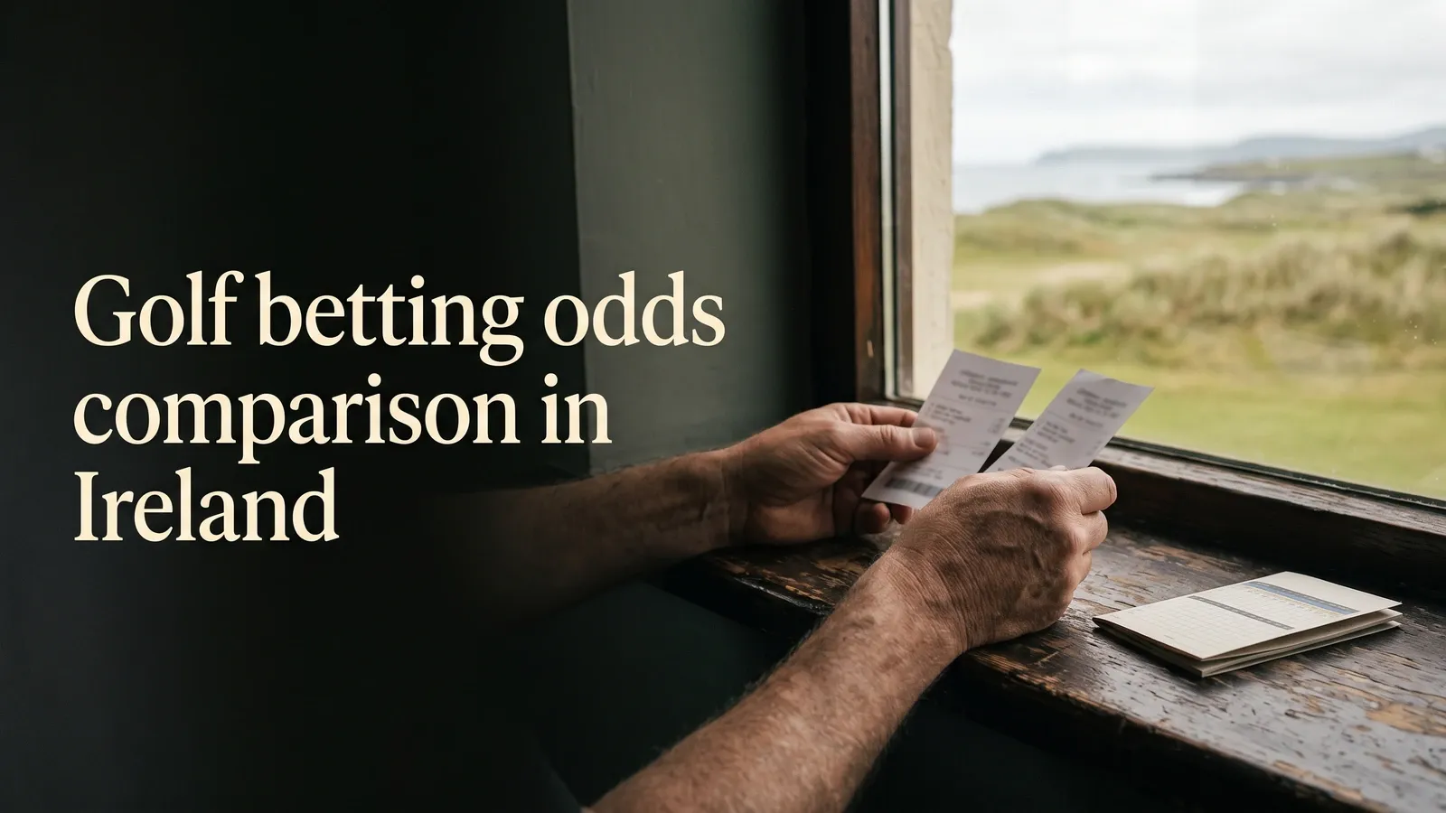 Bare hands hold two paper slips beside a window overlooking coastal grassland, with the golf odds comparison title on the left.