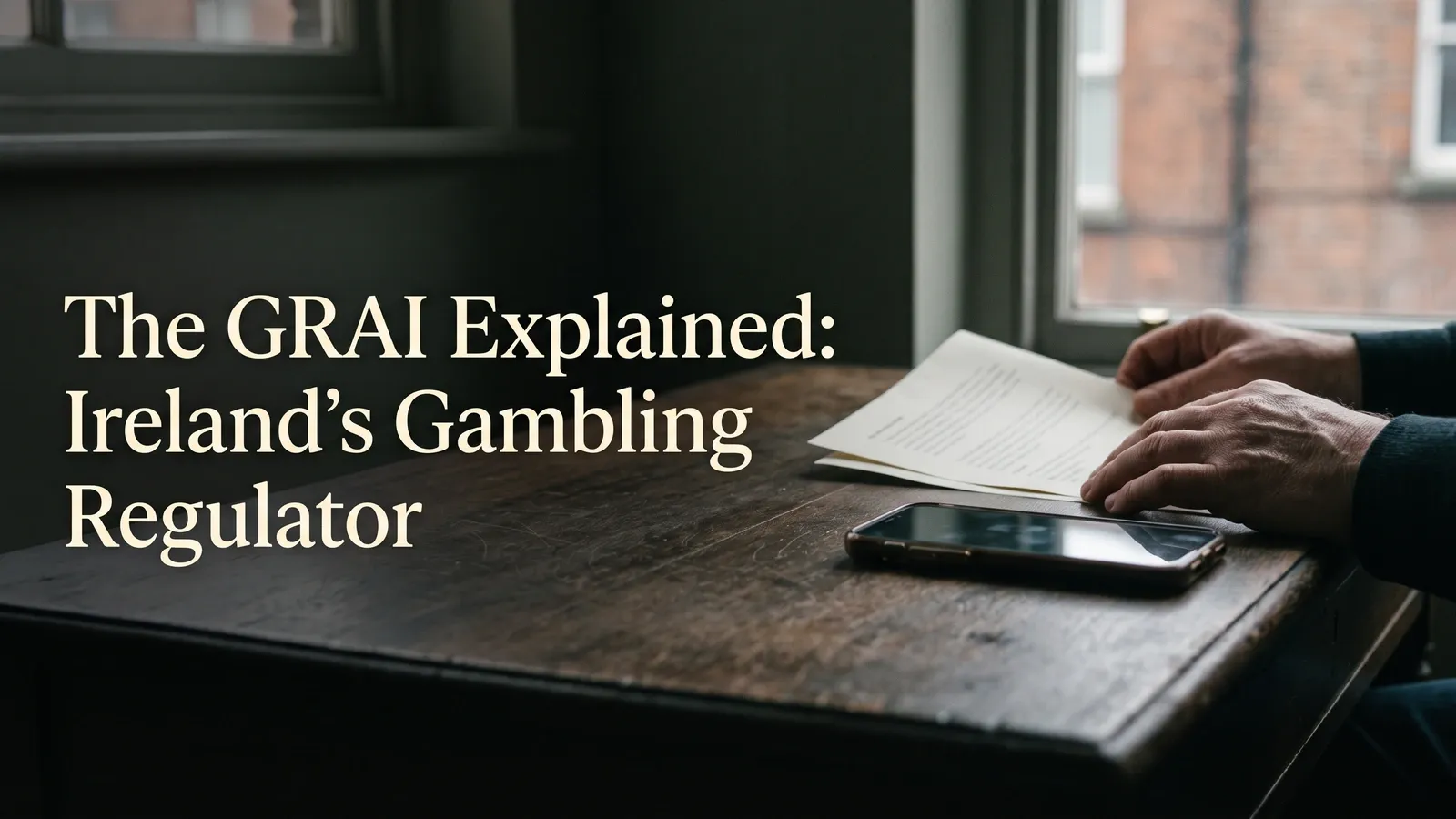 Hands hold papers beside a face-up smartphone on a wooden desk near a window.