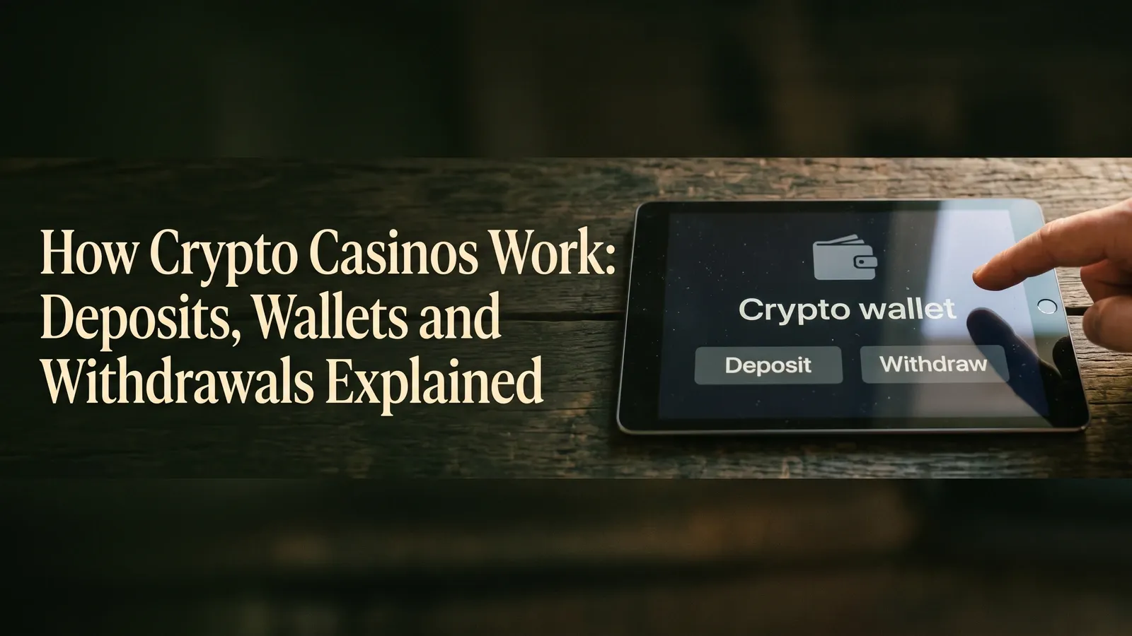 Crypto wallet concept on a tablet with Deposit and Withdraw controls beside the crypto casino guide title.