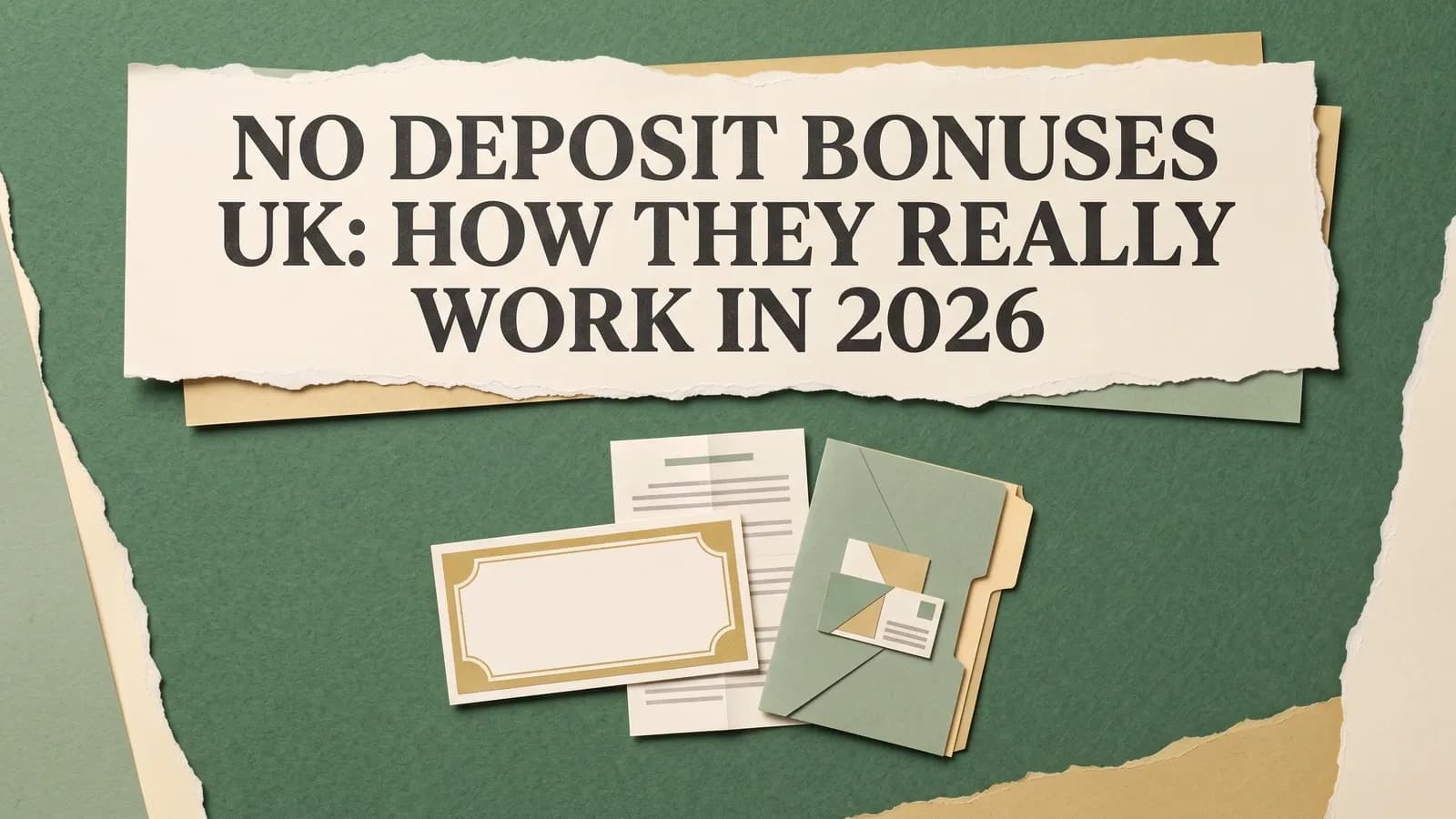 A blank bonus voucher, terms sheet and green folder beneath the title No Deposit Bonuses UK: How They Really Work in 2026.