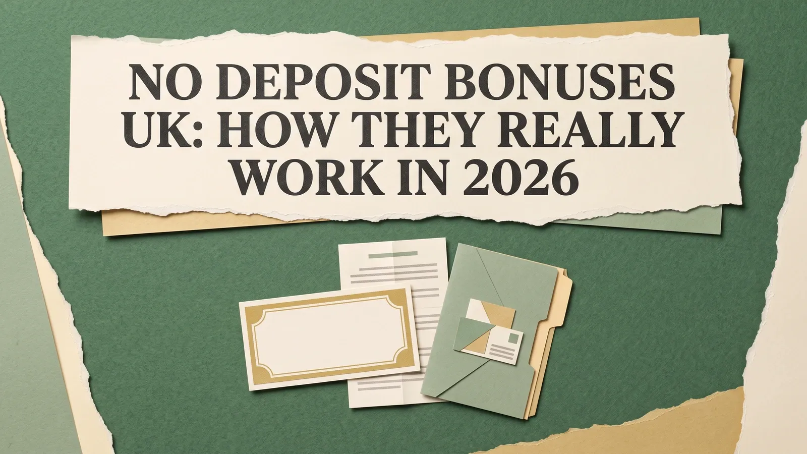 A blank bonus voucher, terms sheet and green folder beneath the title No Deposit Bonuses UK: How They Really Work in 2026.