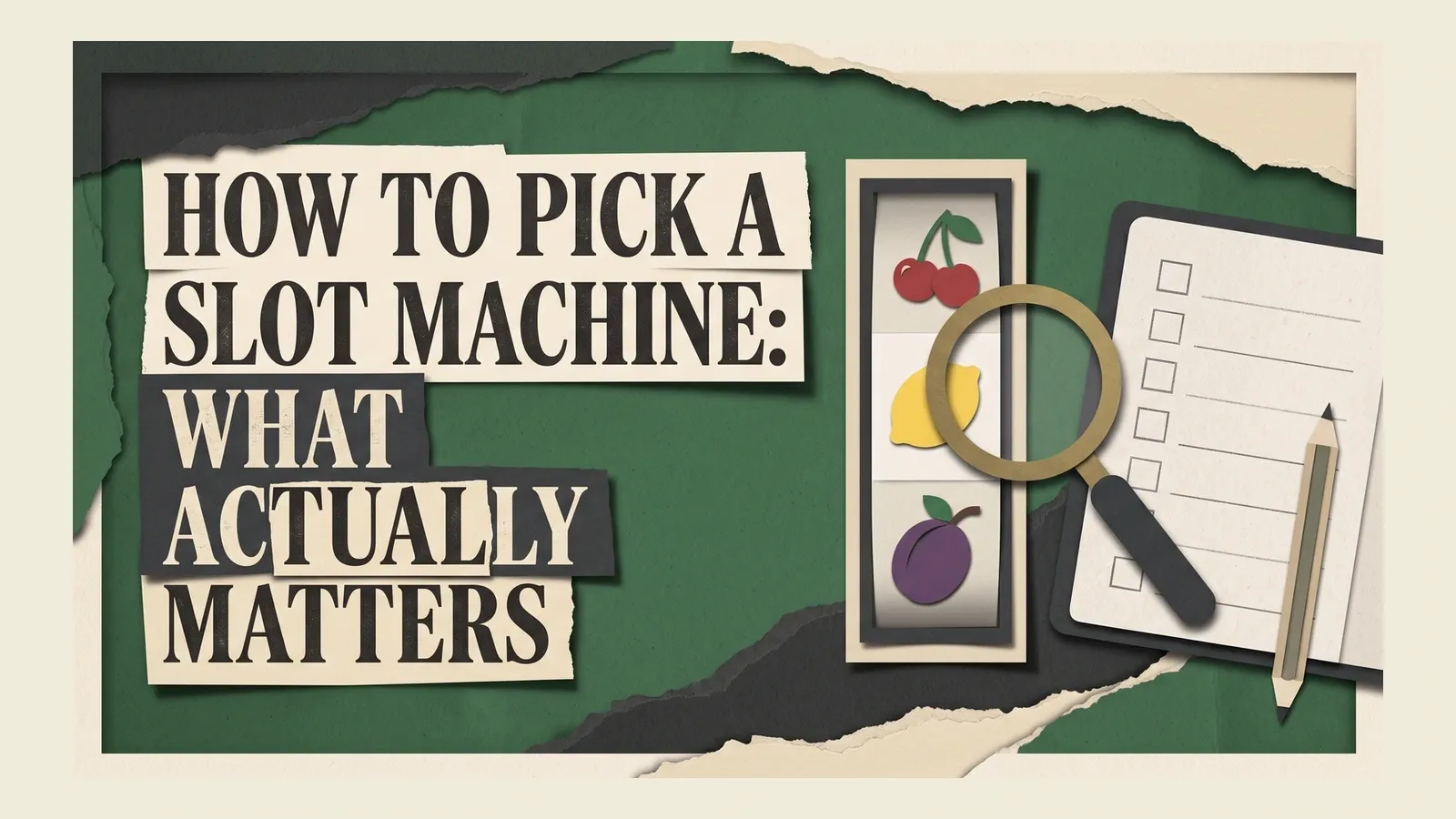 A magnifying glass examines a fruit-symbol reel beside a blank checklist and pencil under the slot-selection headline.