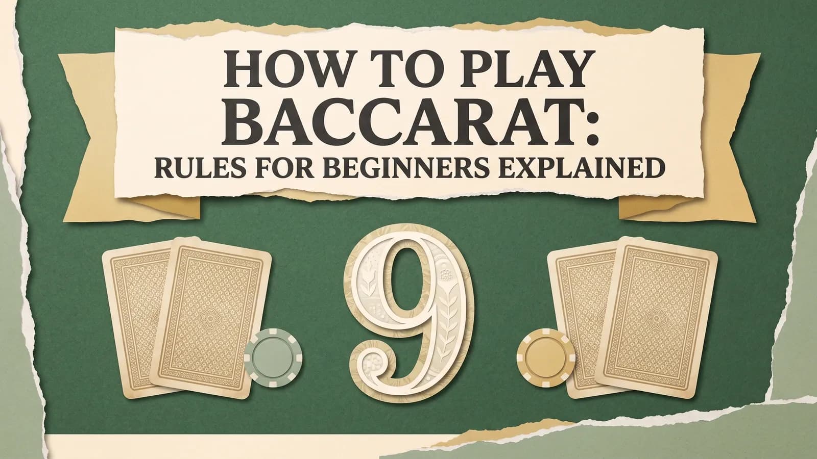 An ornate number nine between two pairs of face-down cards and plain chips beneath the title How to Play Baccarat: Rules for Beginners Explained.