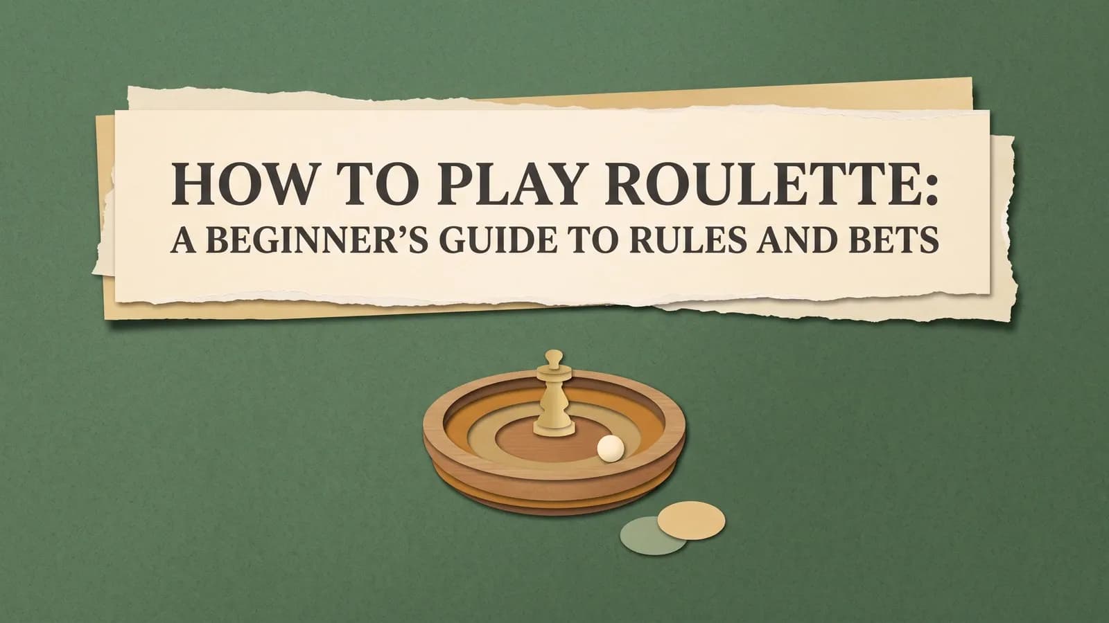 A complete stylised roulette bowl with spindle, ivory ball and two chips beneath the title How to Play Roulette: A Beginner’s Guide to Rules and Bets.