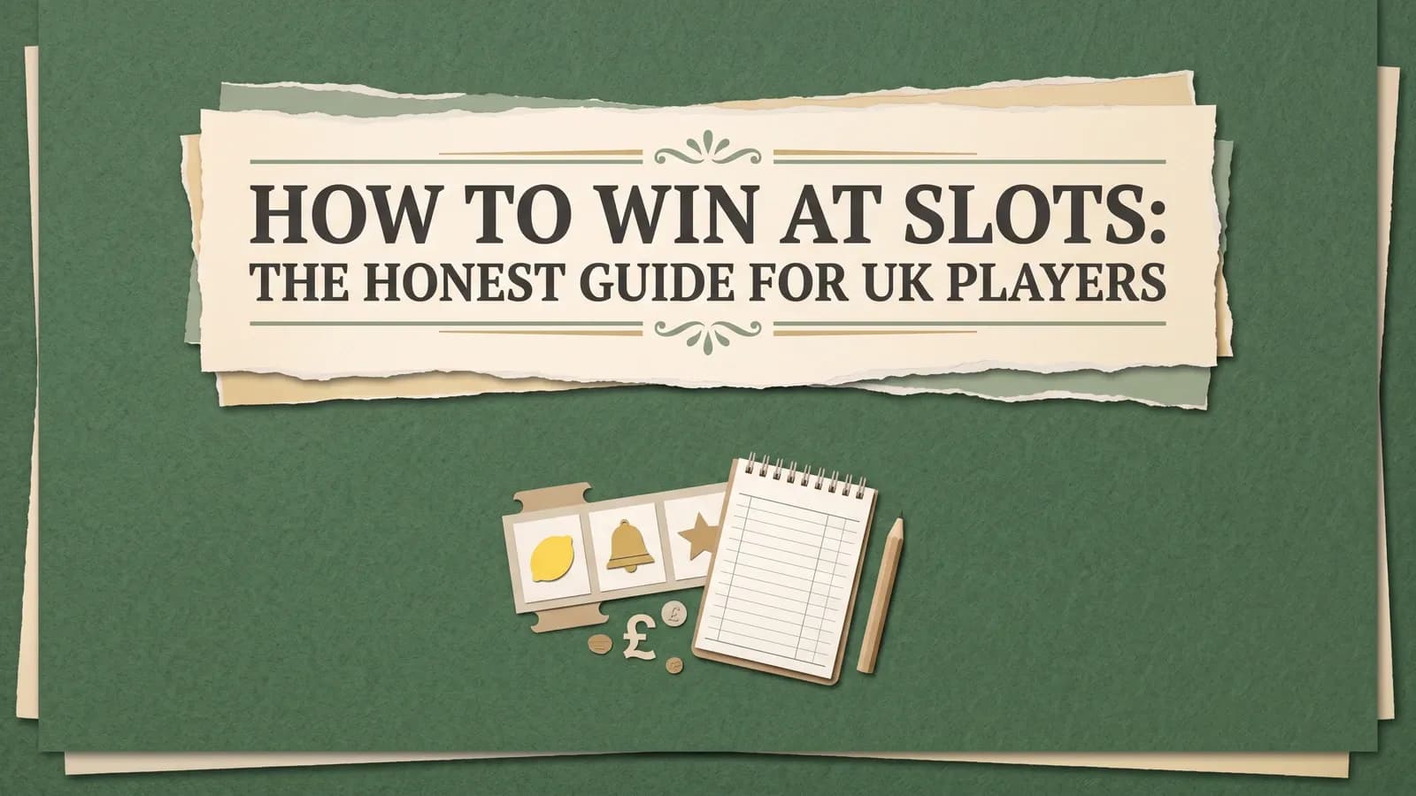 A lemon, bell and star reel beside a budgeting notebook, pencil and pound sign beneath the title How to Win at Slots: The Honest Guide for UK Players.