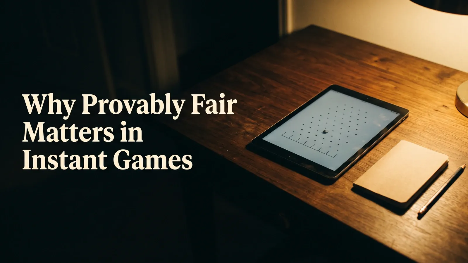 Tablet showing a simple Plinko board beside a notebook and pencil on a warmly lit wooden desk, with the instant-games fairness title.