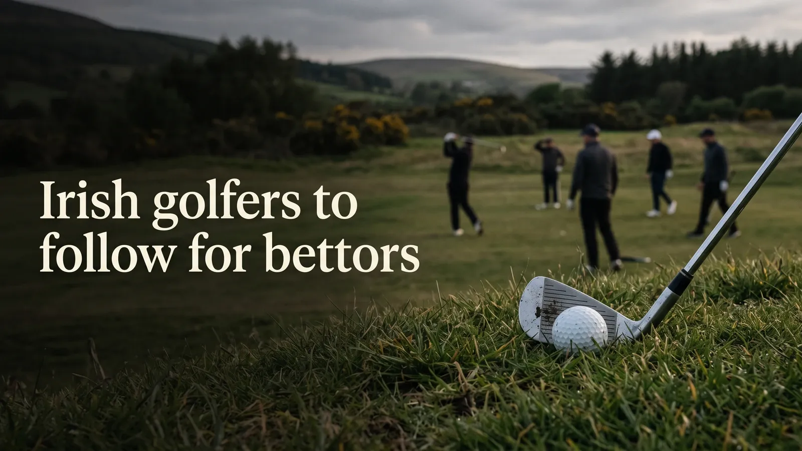 A golf ball and worn silver iron in foreground grass, with five blurred golfers practising beyond.