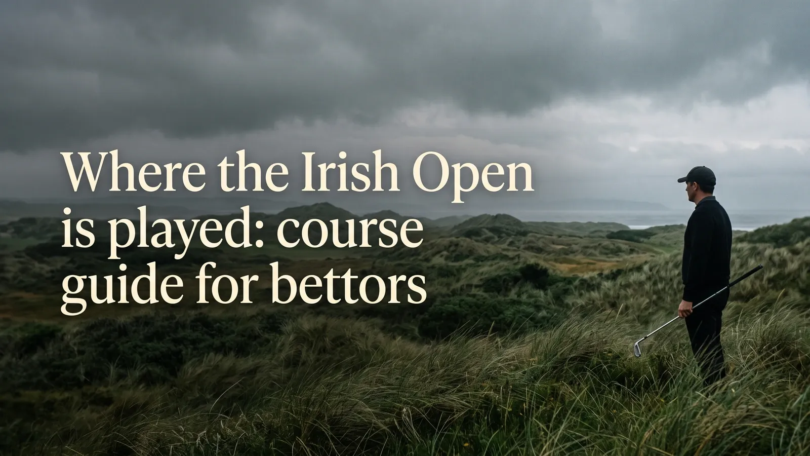 A golfer in plain dark clothing holds an iron while looking across coastal dunes beneath an overcast sky.