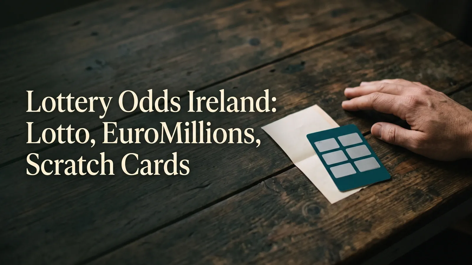 A blank paper slip and a teal card with six intact silver scratch panels lie beside a resting hand on a dark wooden table.