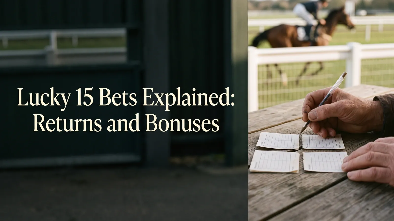 Four paper selection slips on a weathered racecourse table beside hands and a pen, with a blurred mounted horse beyond the rails.