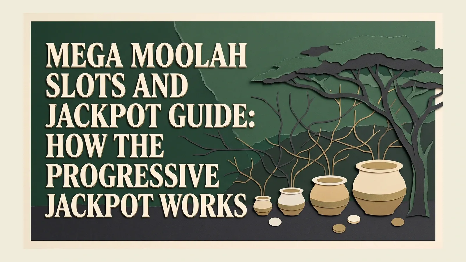 Four cream-and-gold jackpot pots increase in size beneath an acacia tree beside the Mega Moolah guide headline.