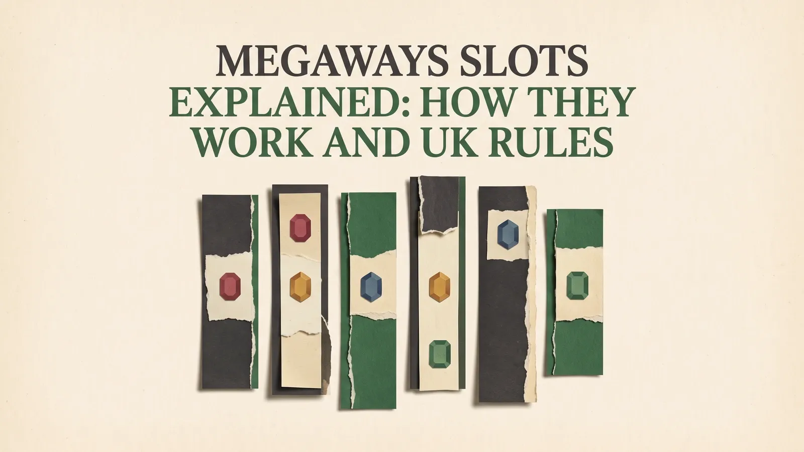 Six uneven paper reel strips decorated with gemstones beneath the Megaways slots guide title.