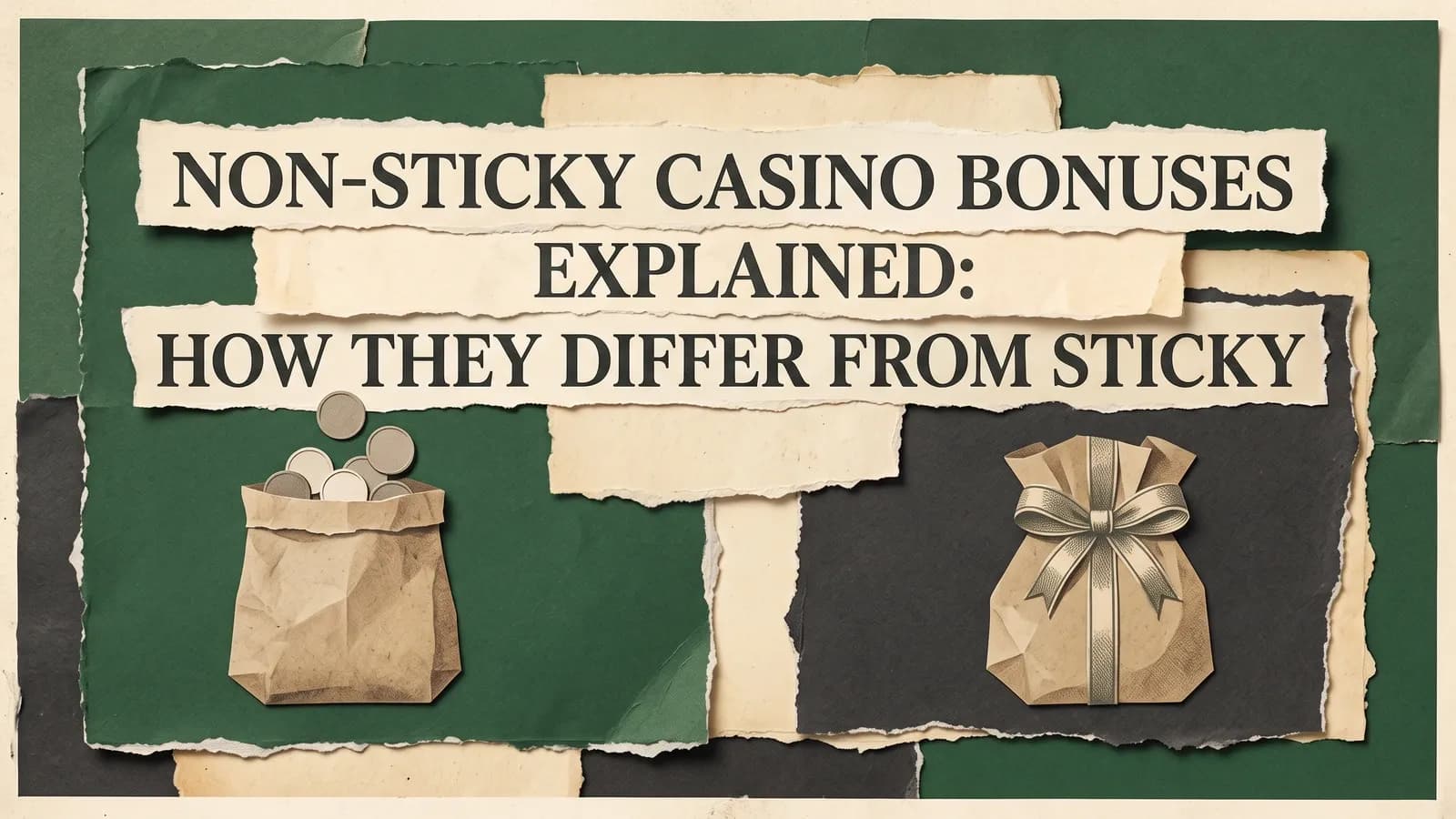 An open paper bag of coins and a ribbon-wrapped gift bag beneath the non-sticky casino bonus guide title.