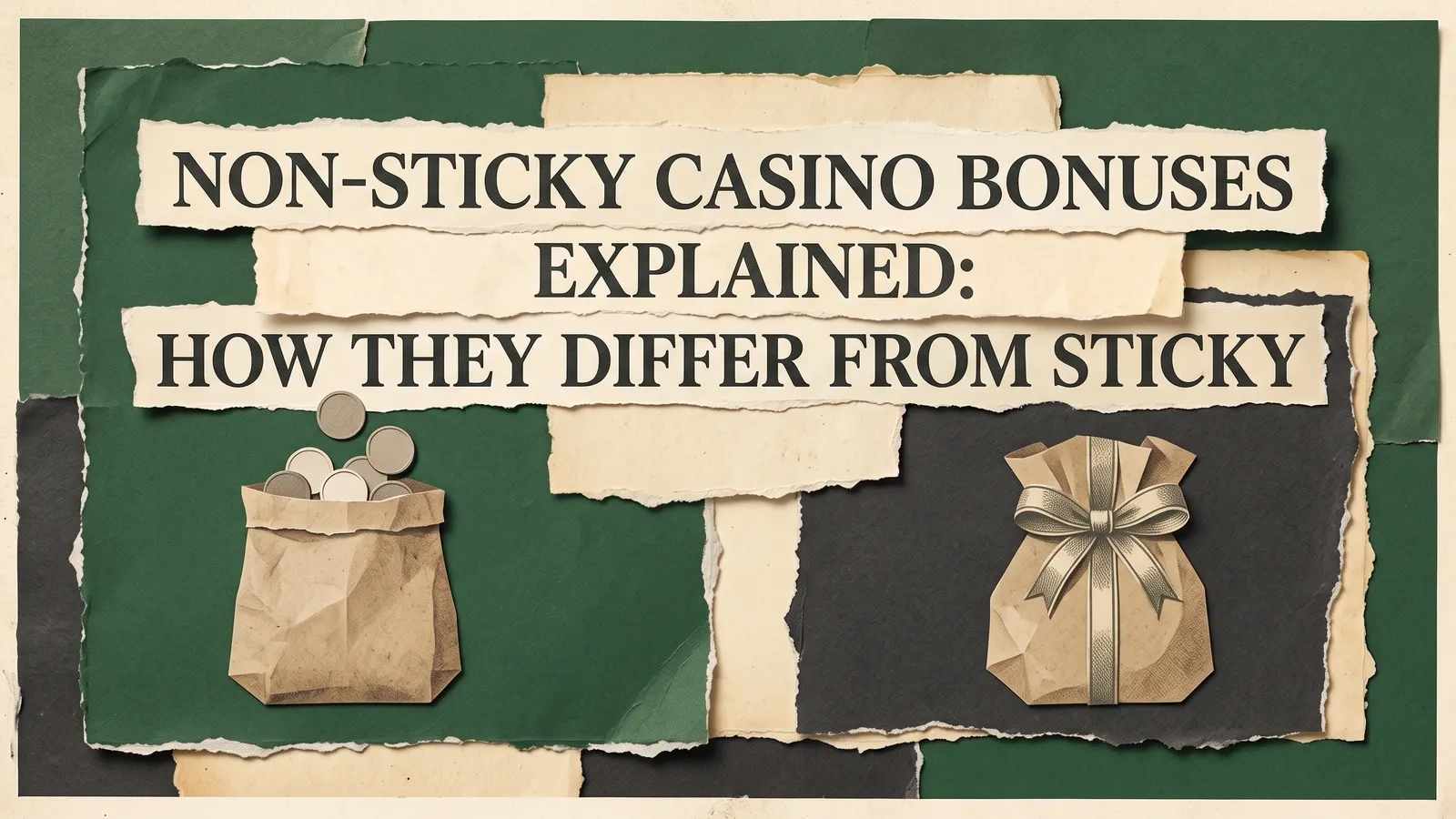 An open paper bag of coins and a ribbon-wrapped gift bag beneath the non-sticky casino bonus guide title.