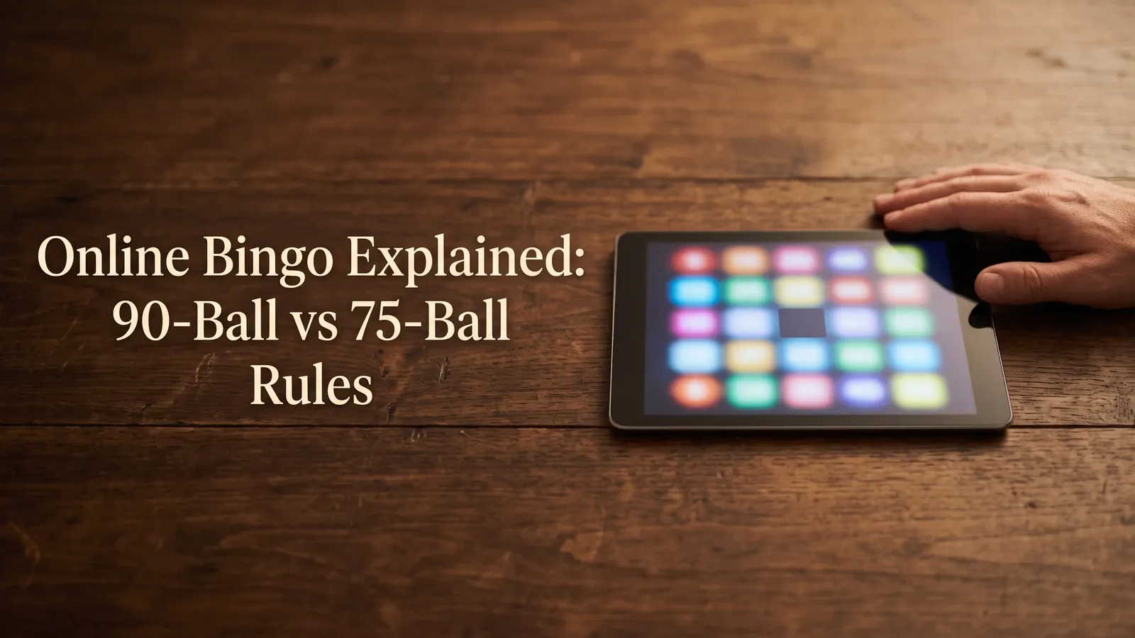 A hand rests on a tablet displaying a blurred colourful five-by-five grid with a blank centre on a wooden table.
