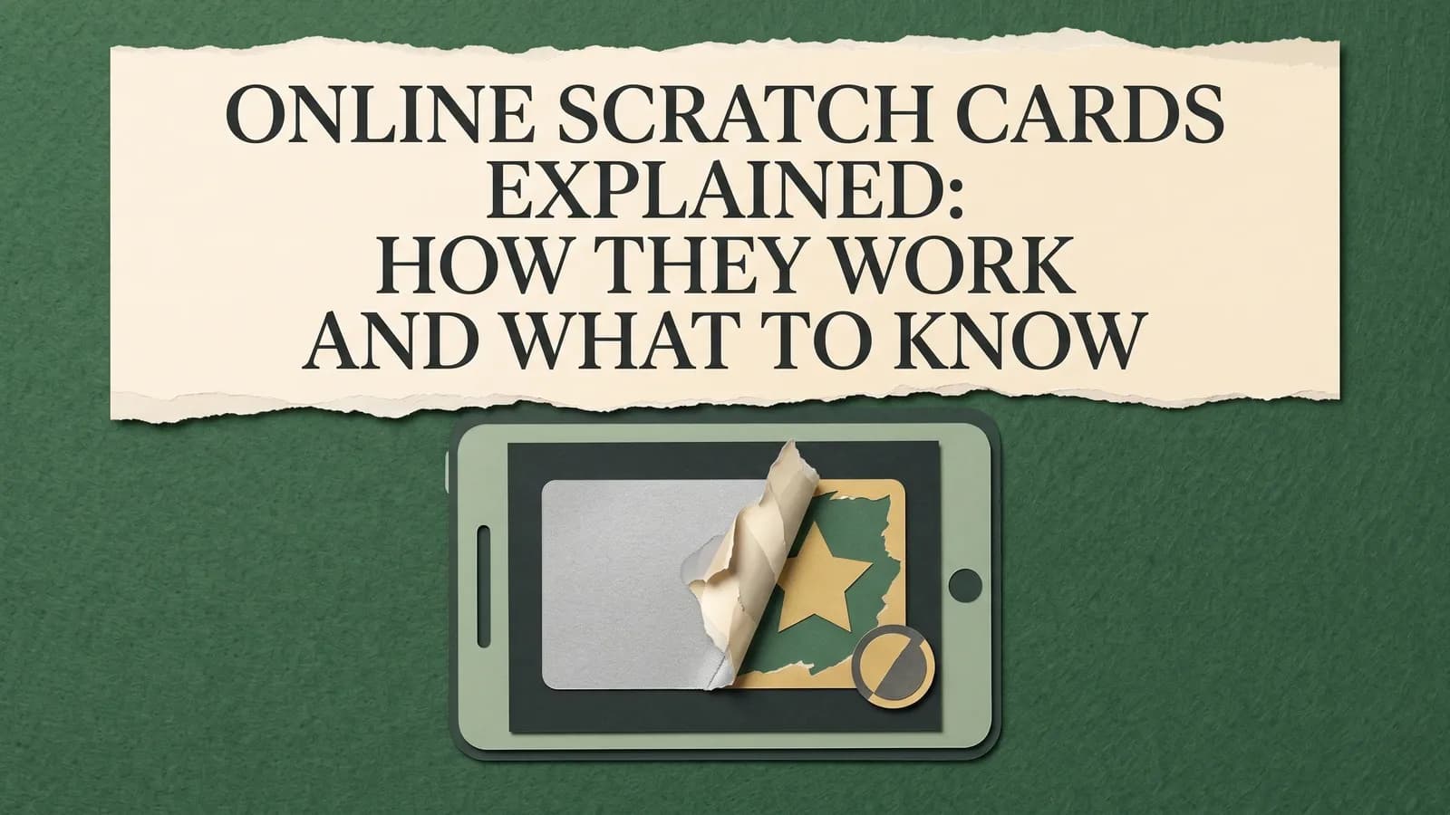 A paper-cut tablet with a silver scratch panel peeling back to reveal a star beneath the title Online Scratch Cards Explained: How They Work and What to Know.
