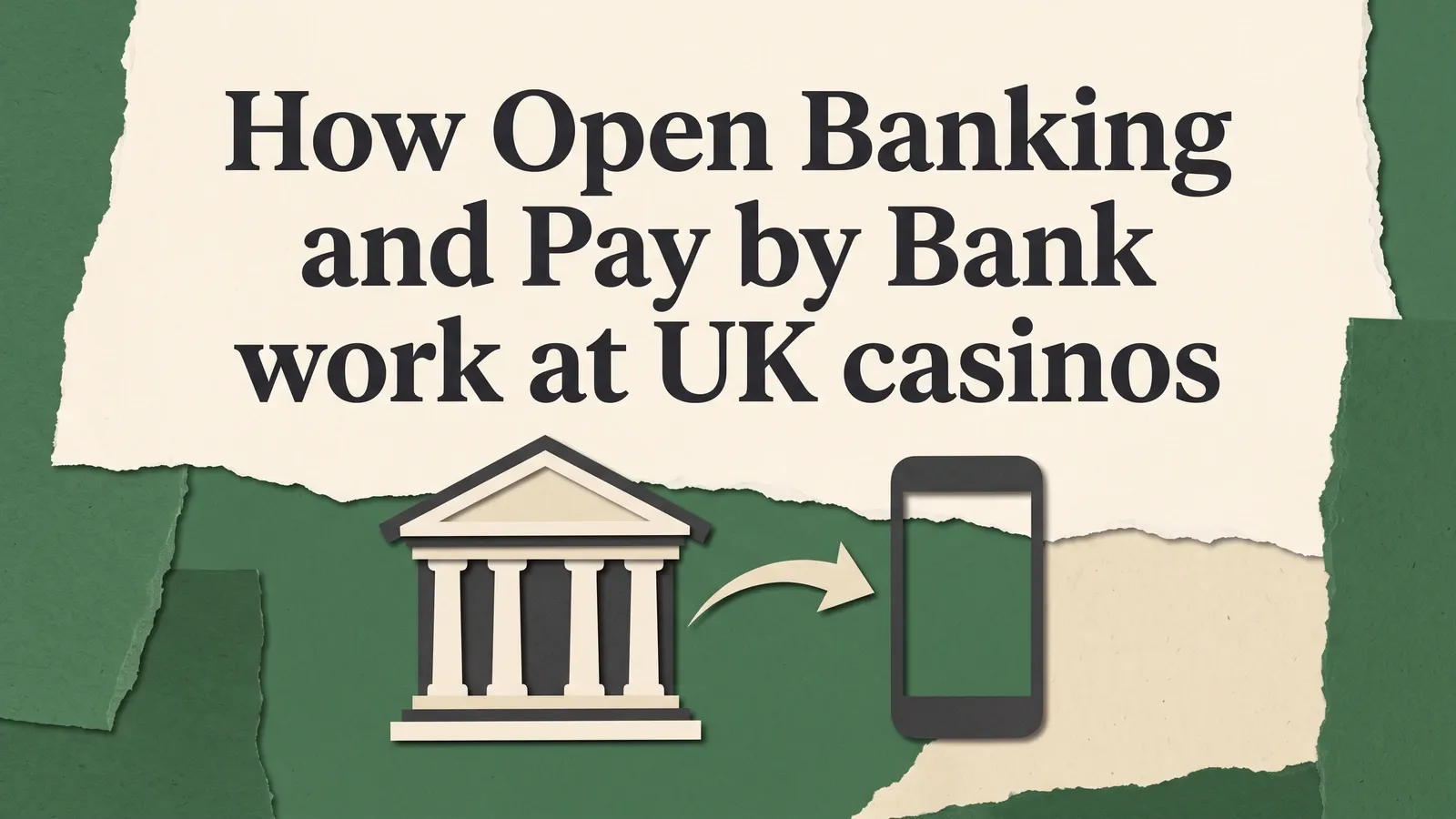 A bank building and curved arrow leading to a blank phone beneath the Pay by Bank guide title on layered green and cream paper.