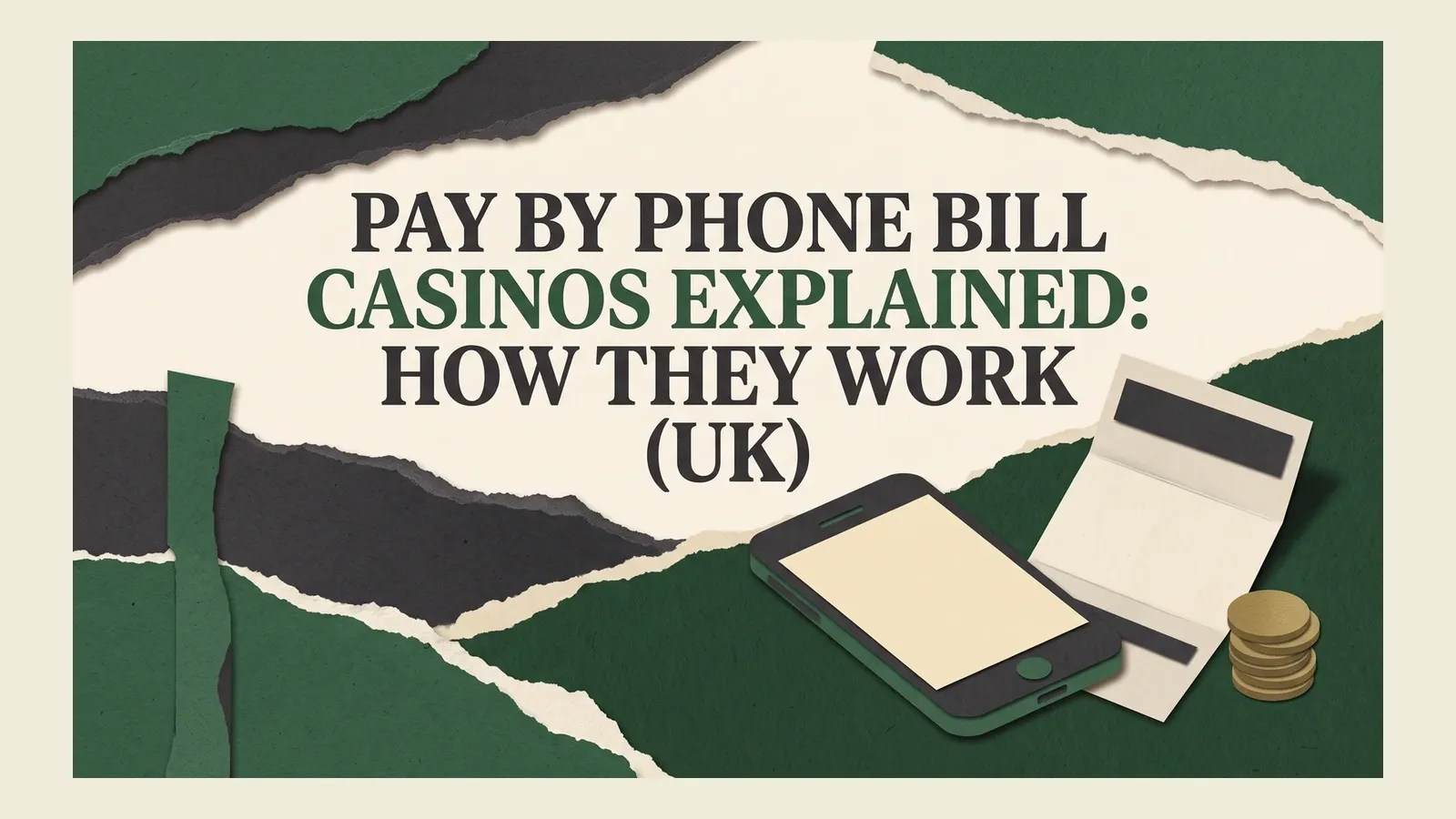 A blank-screen phone, folded mobile bill and stack of coins beneath the pay-by-phone-bill casino headline.
