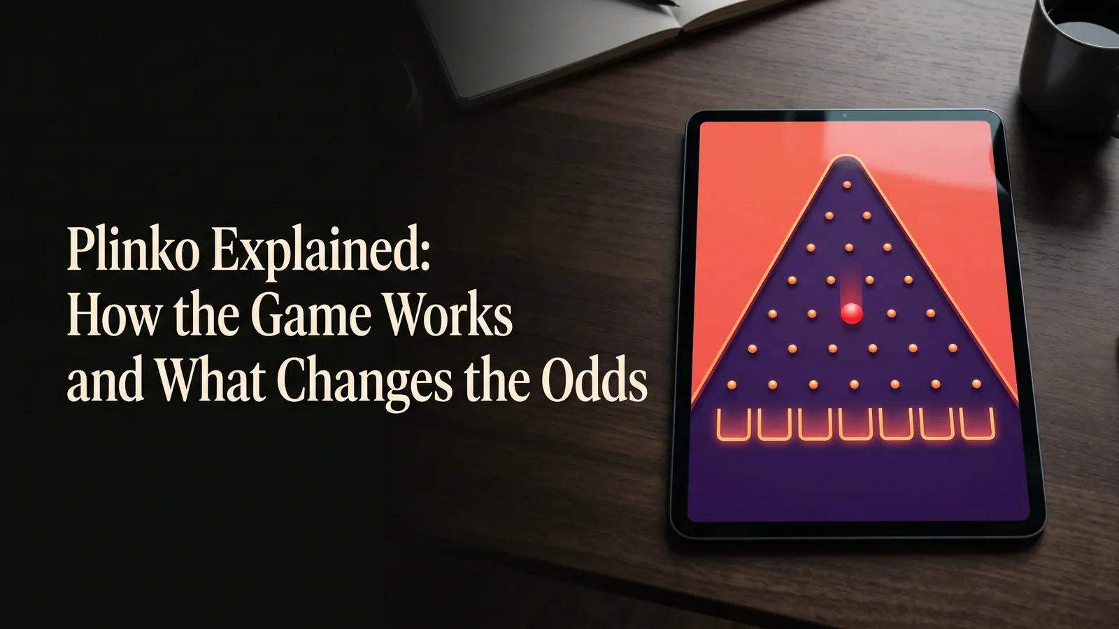 Digital Plinko game on a tablet, with a red ball, glowing pegs and landing bins beside the article title.