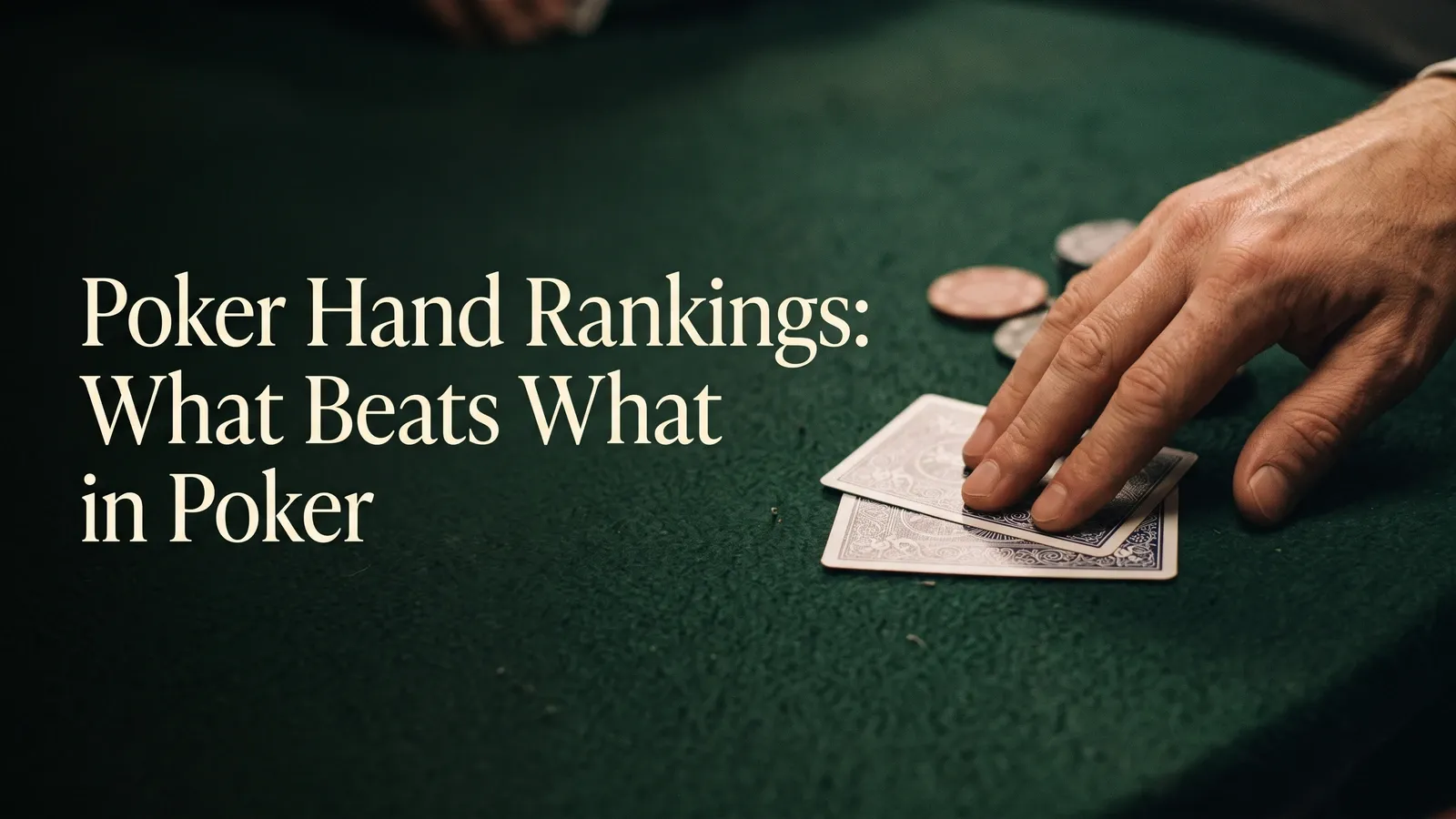 A hand resting on two overlapping face-down cards on dark green poker felt, with blurred chips behind.