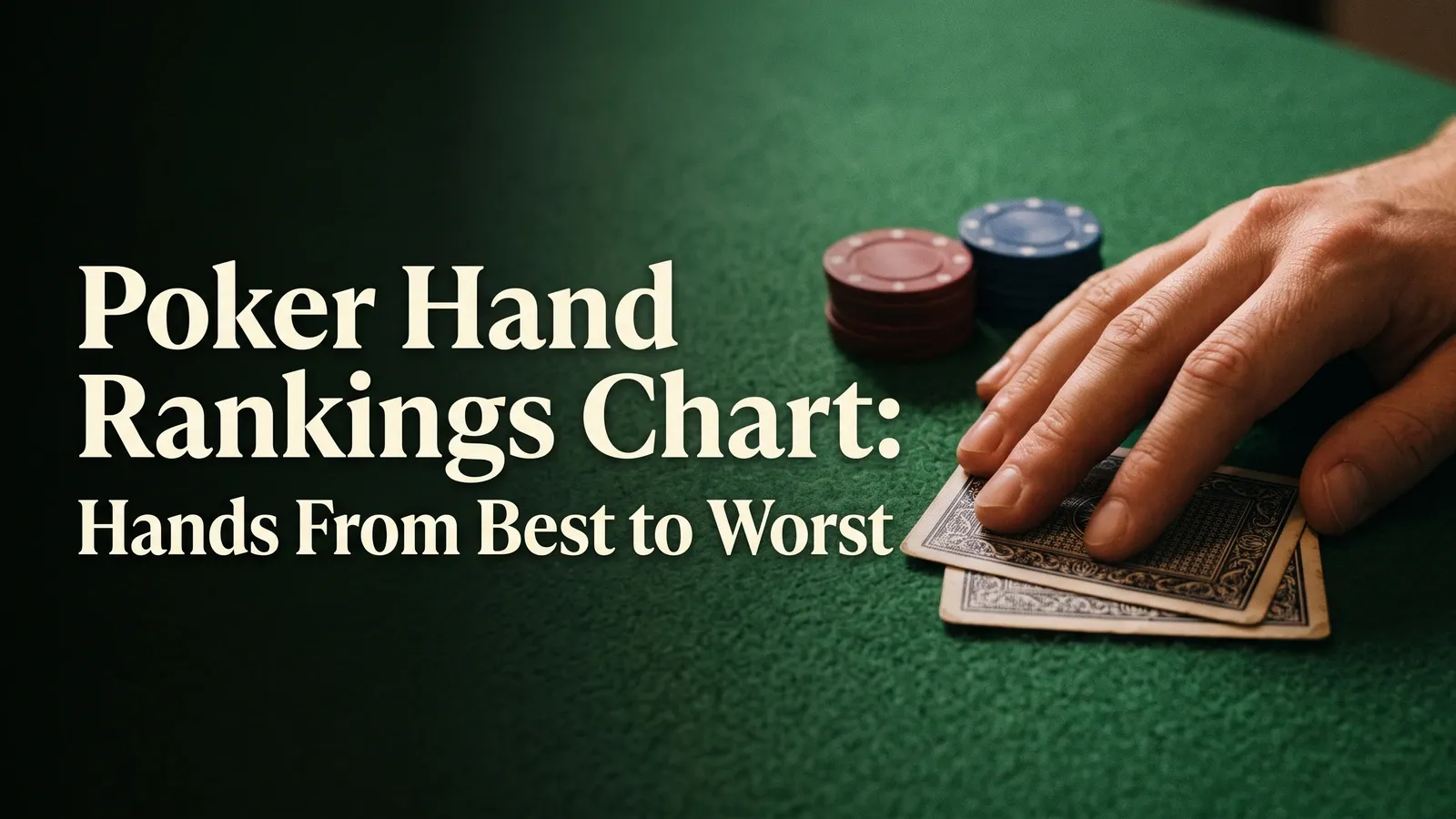 Poker hand rankings title on green felt beside a hand resting on two face-down cards and red and blue chip stacks.