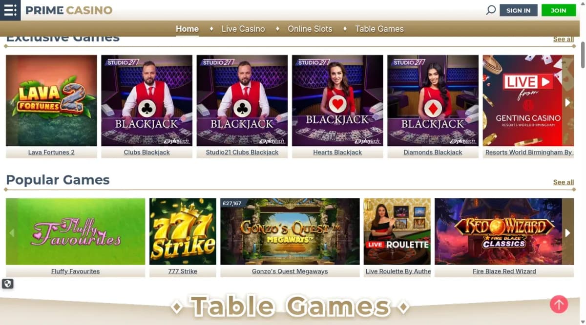 Prime Casino desktop site