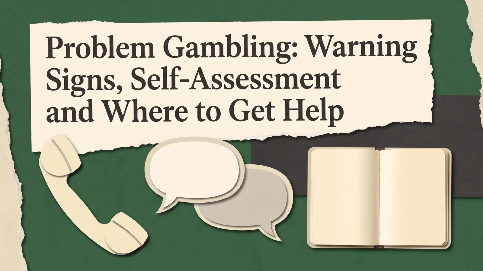 A telephone handset, overlapping speech bubbles and an open notebook beneath the problem gambling support guide title.