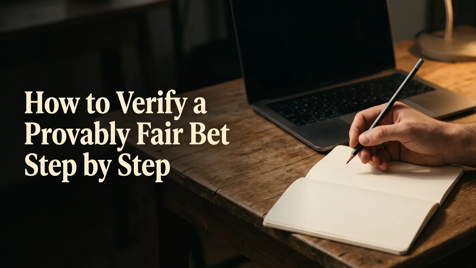 Hand holding a pencil above an open blank notebook beside a laptop on a warmly lit desk, with a step-by-step bet-verification title.