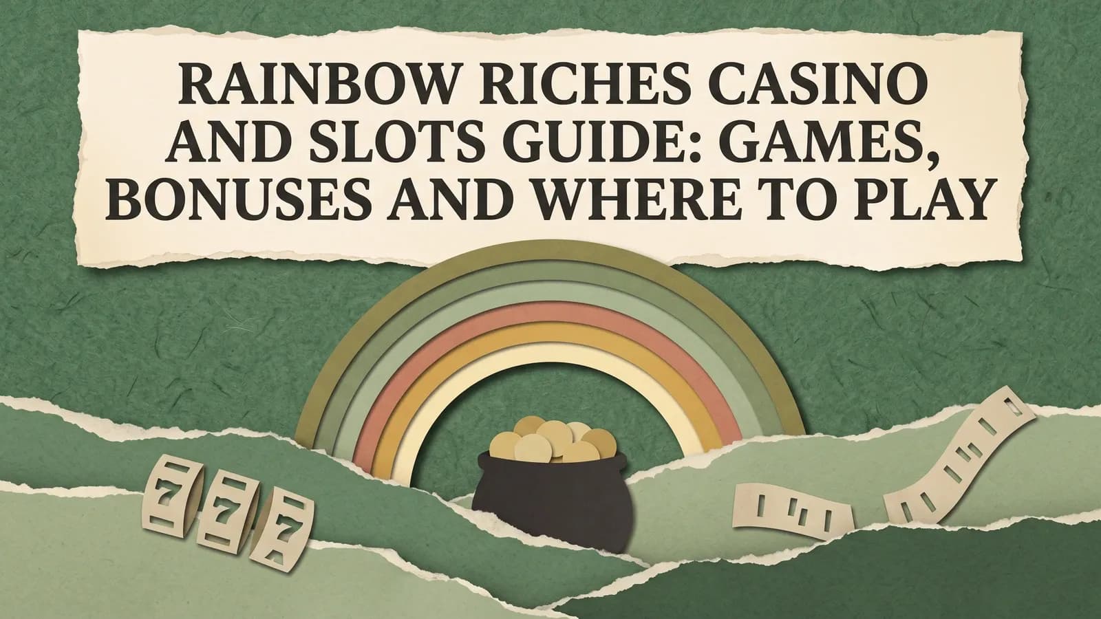 A muted rainbow arches over a pot of gold and layered green hills, with paper slot sevens beneath the Rainbow Riches Casino and Slots Guide title.