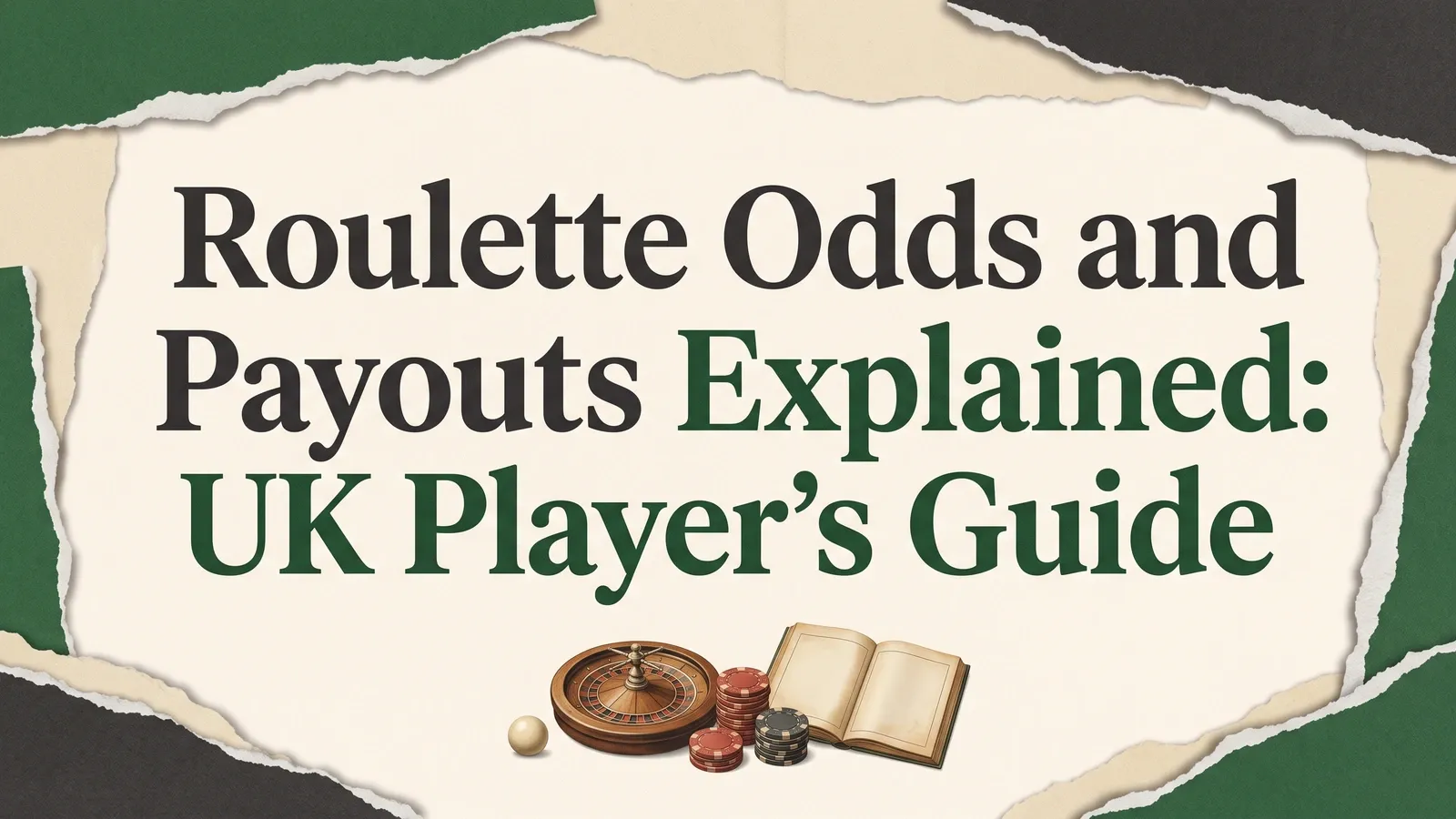Roulette chips, a ball, wooden rotor and open blank ledger beneath the roulette odds and payouts guide title.