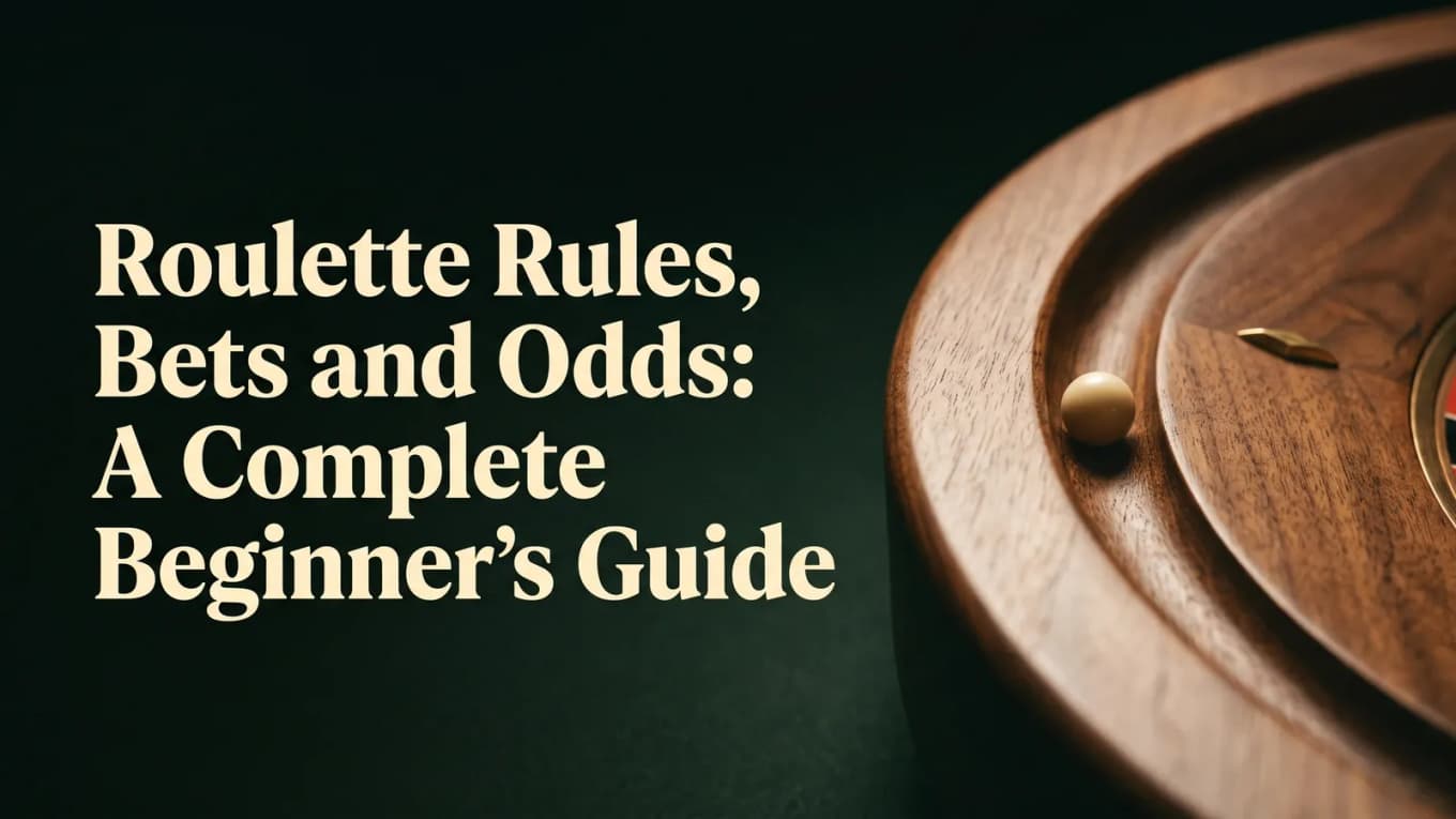 A small ivory roulette ball sits in a warmly lit wooden wheel track beside the title about roulette rules, bets and odds.