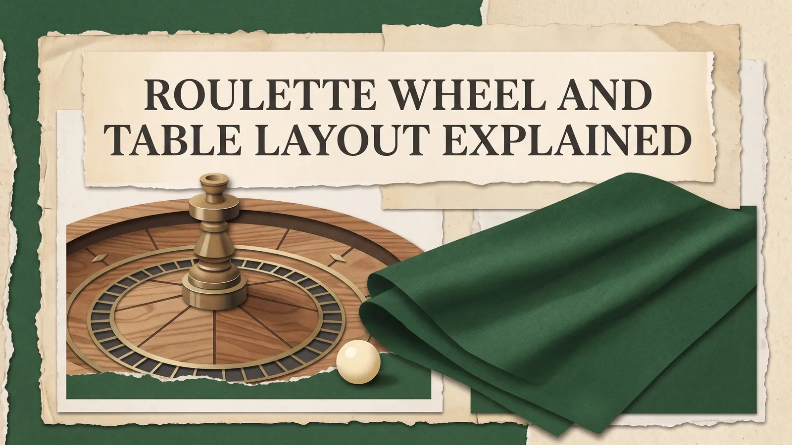 A wooden roulette rotor and ivory ball beside folded green felt beneath the wheel and table layout guide title.