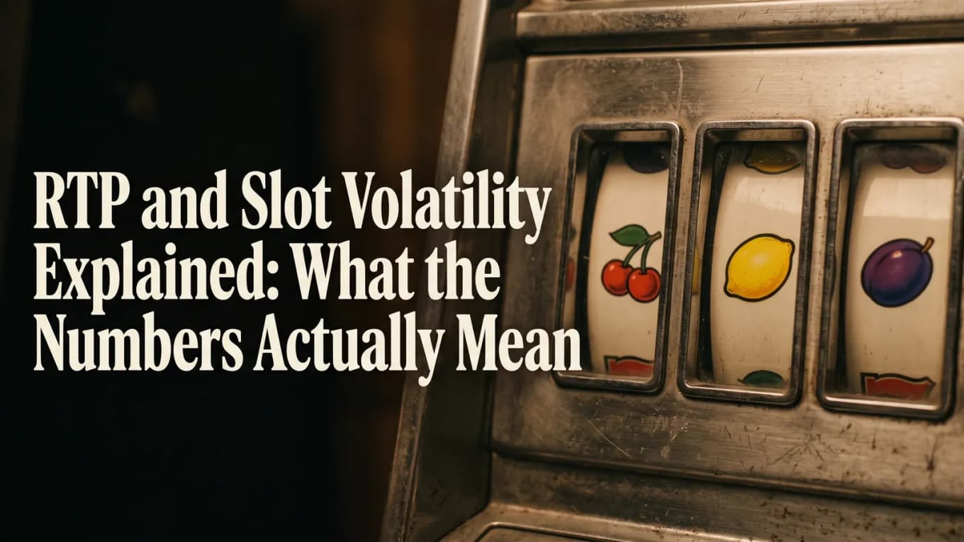 RTP and slot volatility title beside three worn mechanical slot reels showing cherries, a lemon and a plum.