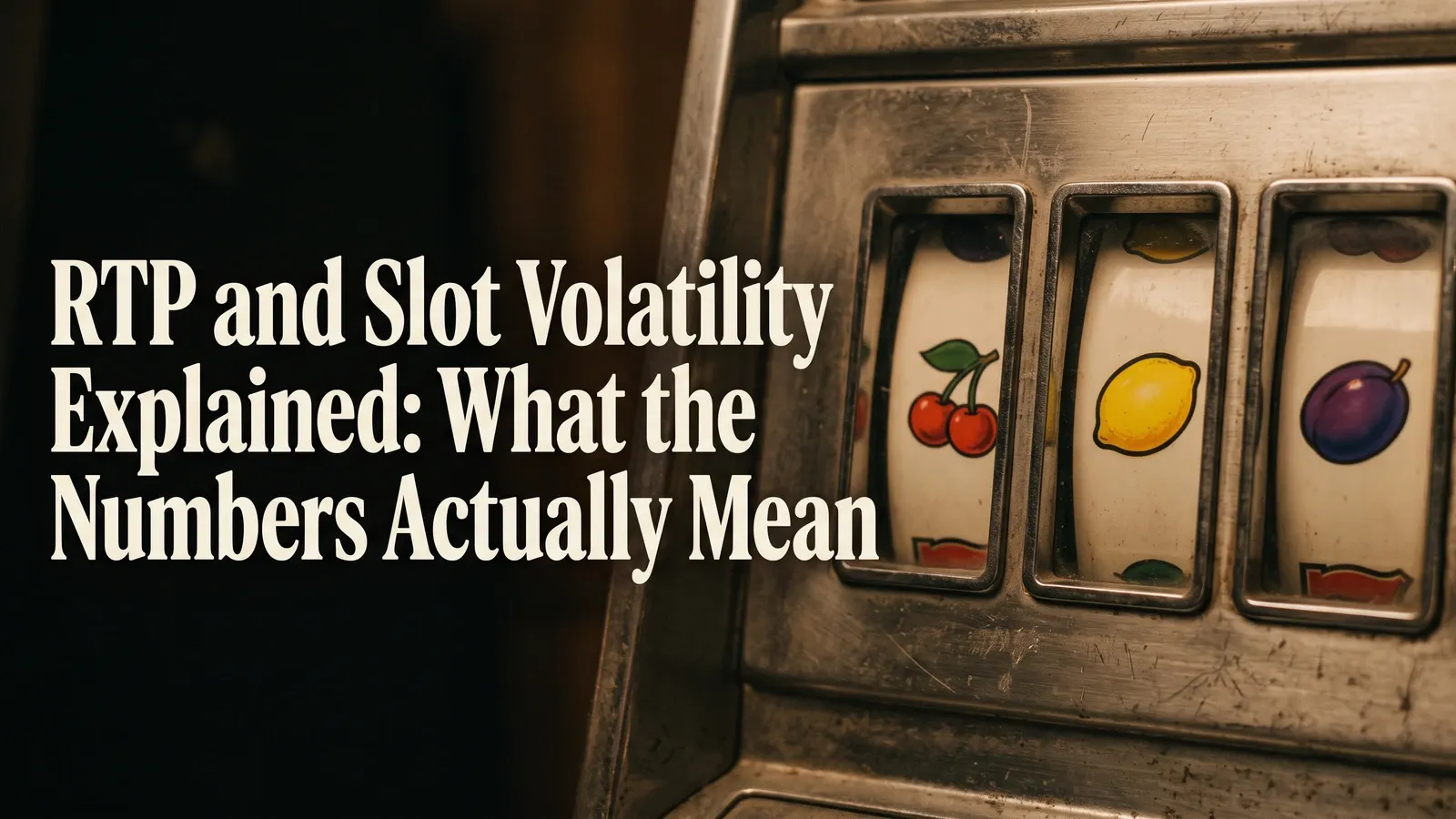 RTP and slot volatility title beside three worn mechanical slot reels showing cherries, a lemon and a plum.