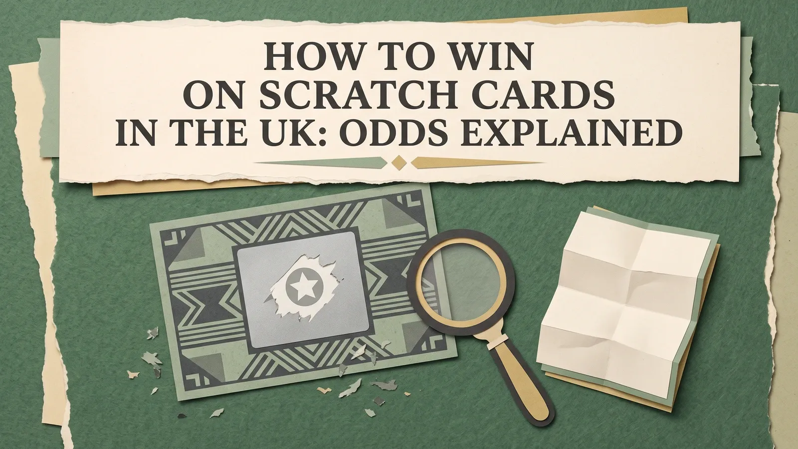 A partly scratched card revealing a star, a magnifying glass and a folded leaflet beneath the title How to Win on Scratch Cards in the UK: Odds Explained.