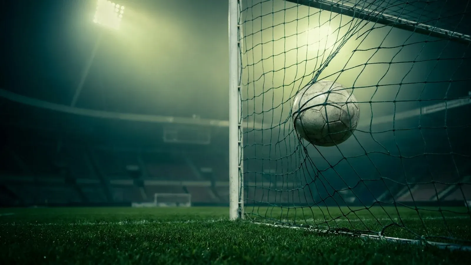 A football bulging the goal net beside the post in a floodlit stadium at night