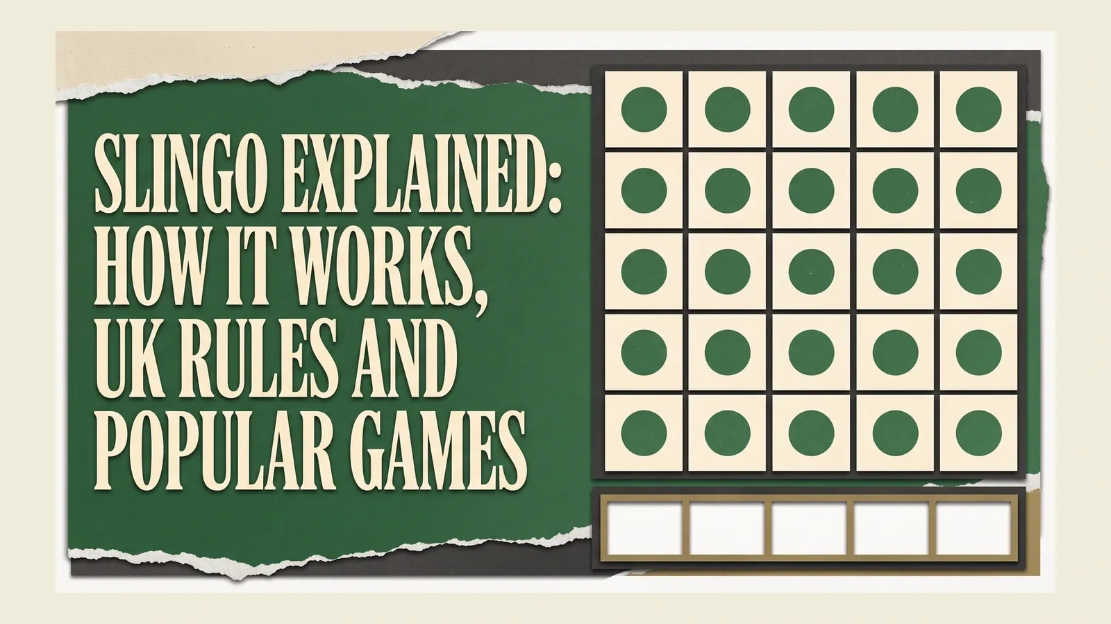 A complete five-by-five grid and five blank reel windows beside the Slingo guide headline on layered green paper.