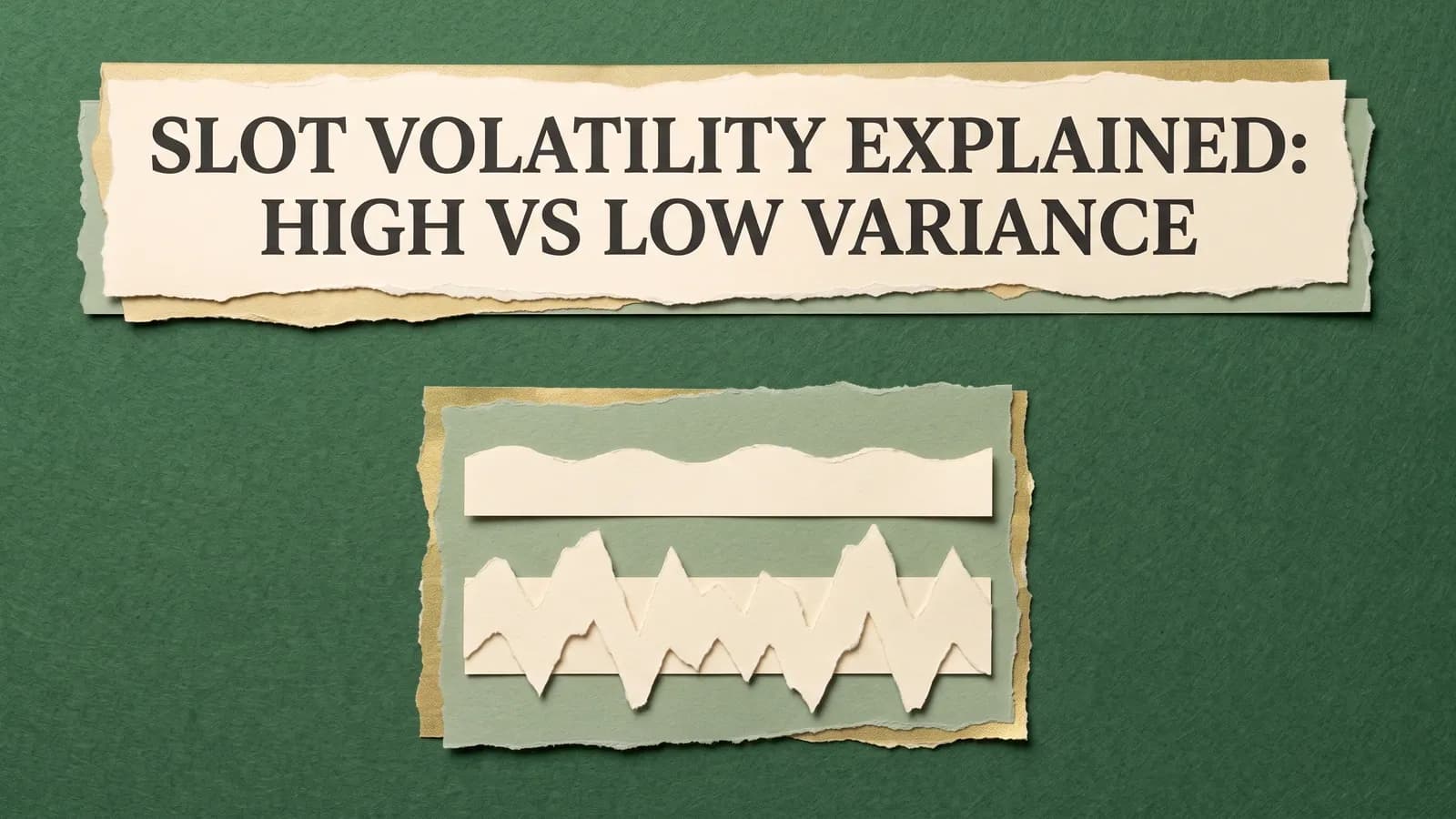 Two torn-paper strips contrast gentle fluctuations with larger jagged swings beneath the title Slot volatility explained: high vs low variance.