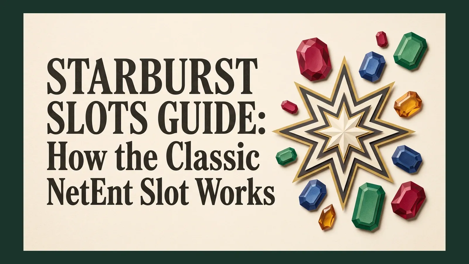 A layered gold, cream and charcoal starburst surrounded by colourful faceted gems beside the Starburst slots guide title.
