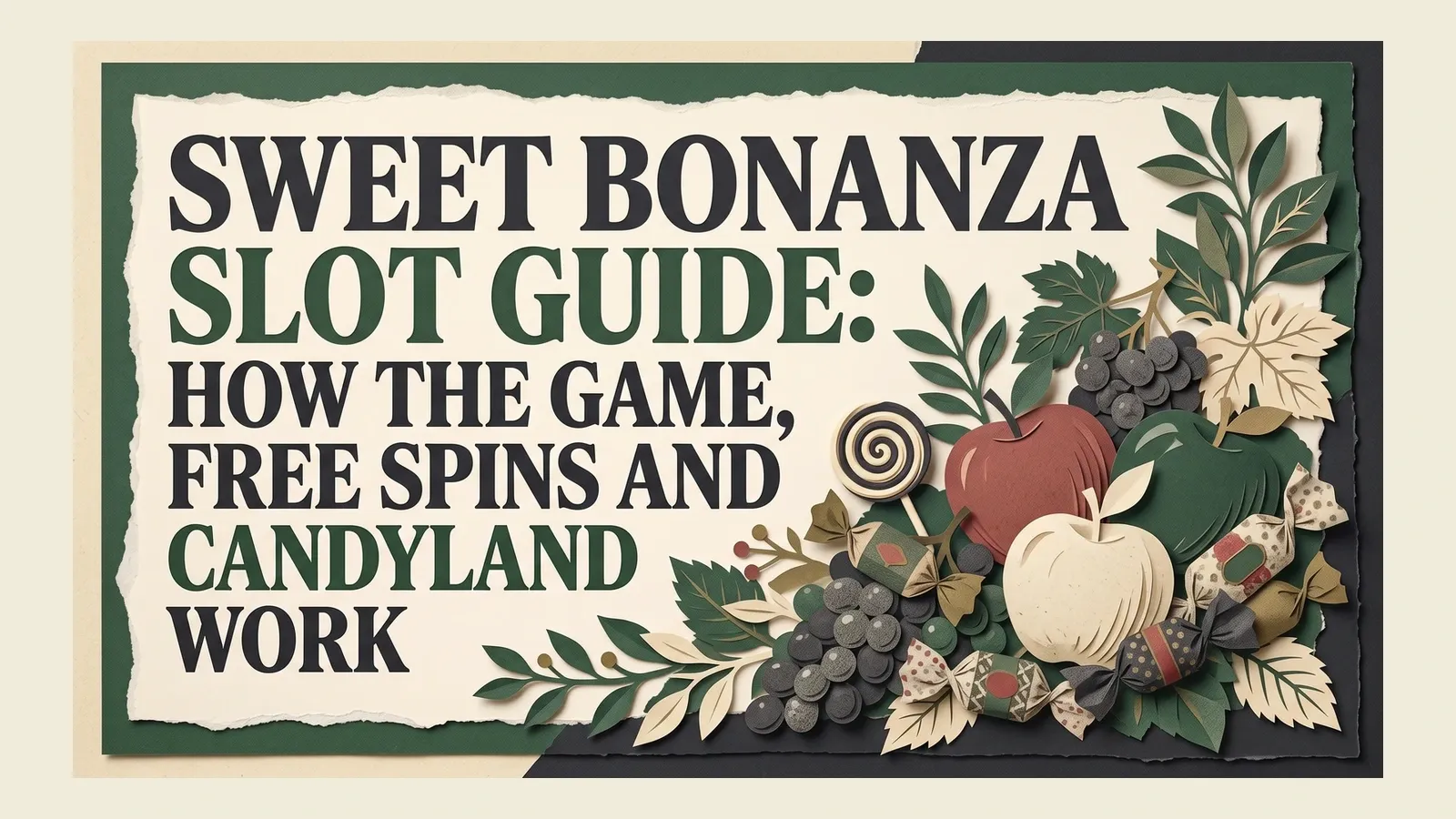 Paper-cut apples, grapes, wrapped sweets and a spiral lollipop frame the Sweet Bonanza guide headline.