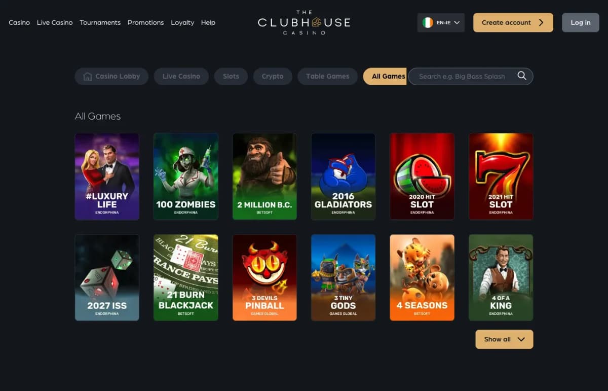 The Clubhouse Casino desktop site