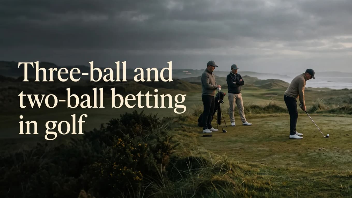 Three golfers on coastal links beneath dark clouds; two watch while the golfer on the right addresses a white ball.