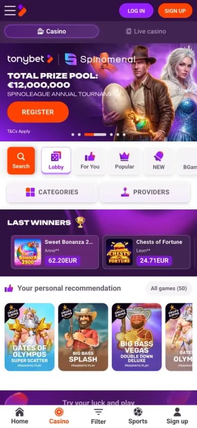 TonyBet mobile site