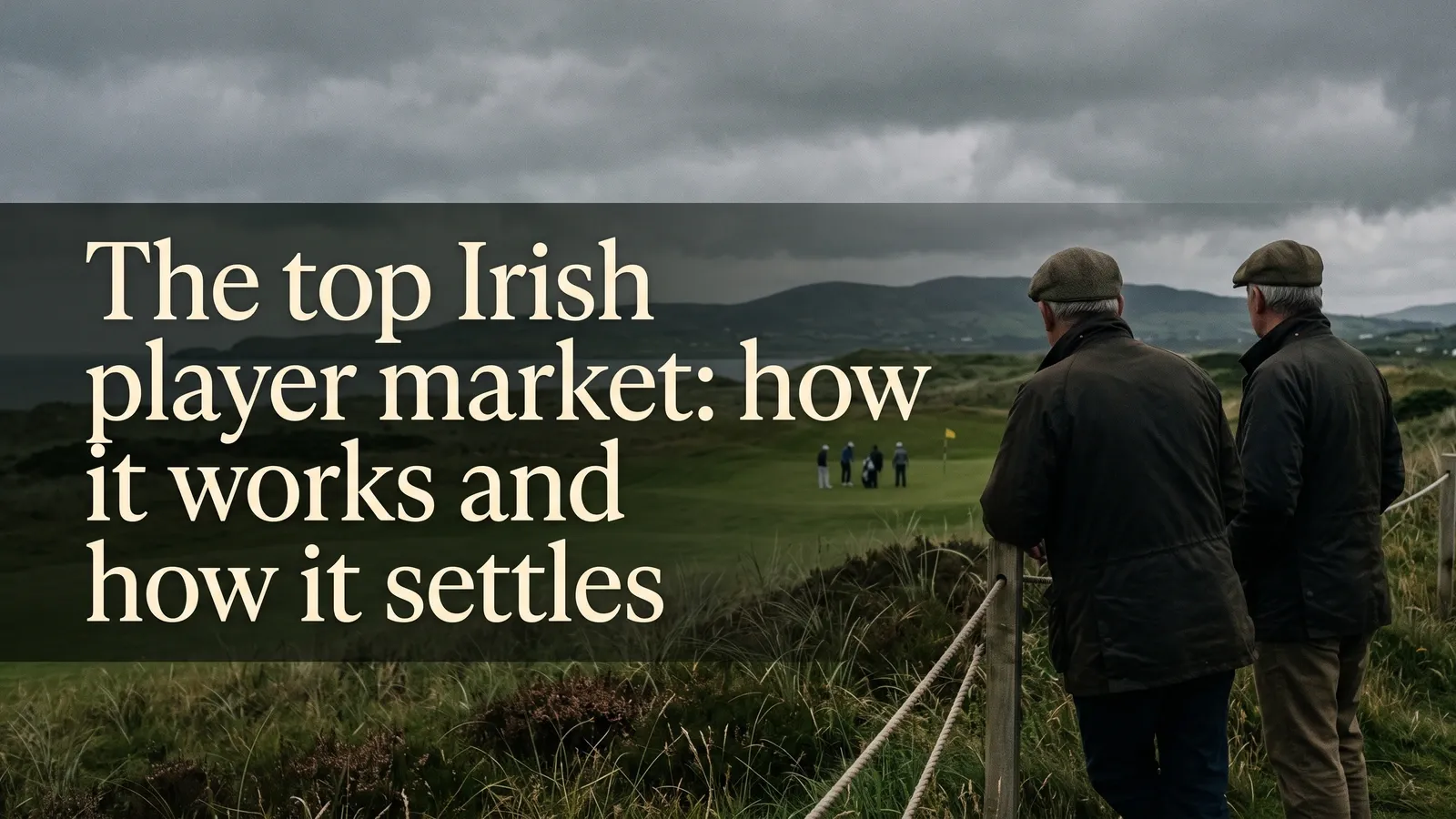 Two men in flat caps stand beside a rope boundary, watching distant golfers near a yellow flag beneath a cloudy sky.