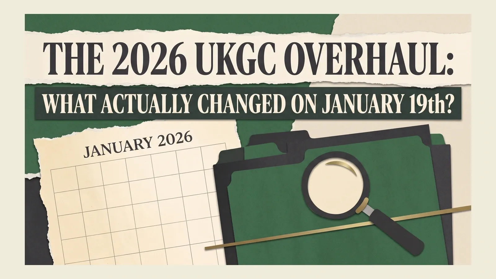 A January 2026 calendar, file folders and magnifying glass beneath the headline about the UKGC rule changes.