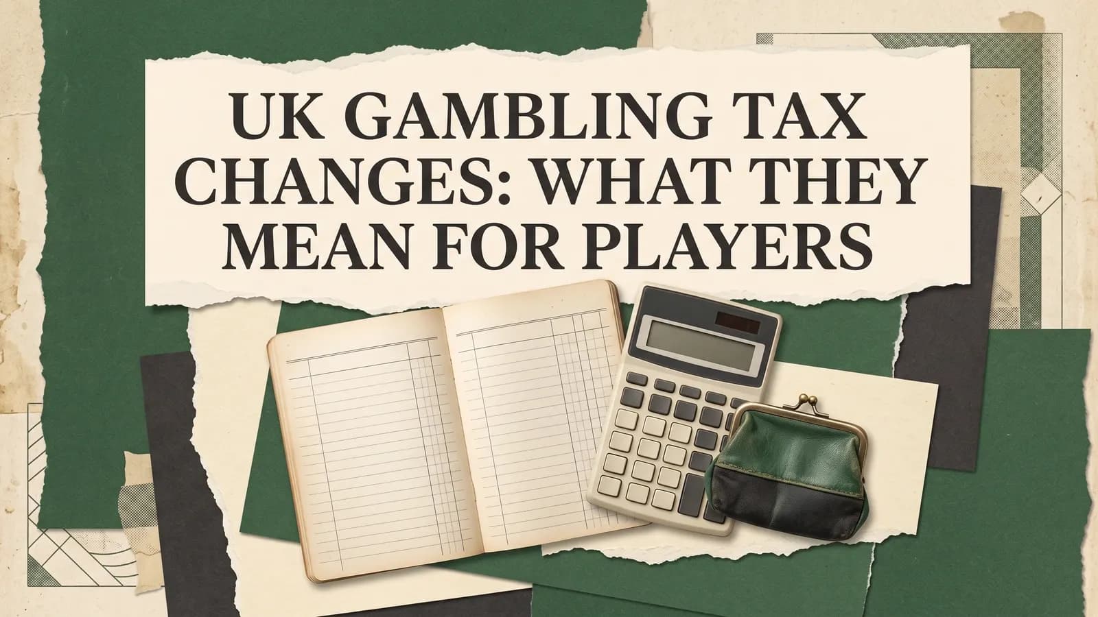 A blank ledger, calculator and coin purse beneath the headline about UK gambling tax changes.