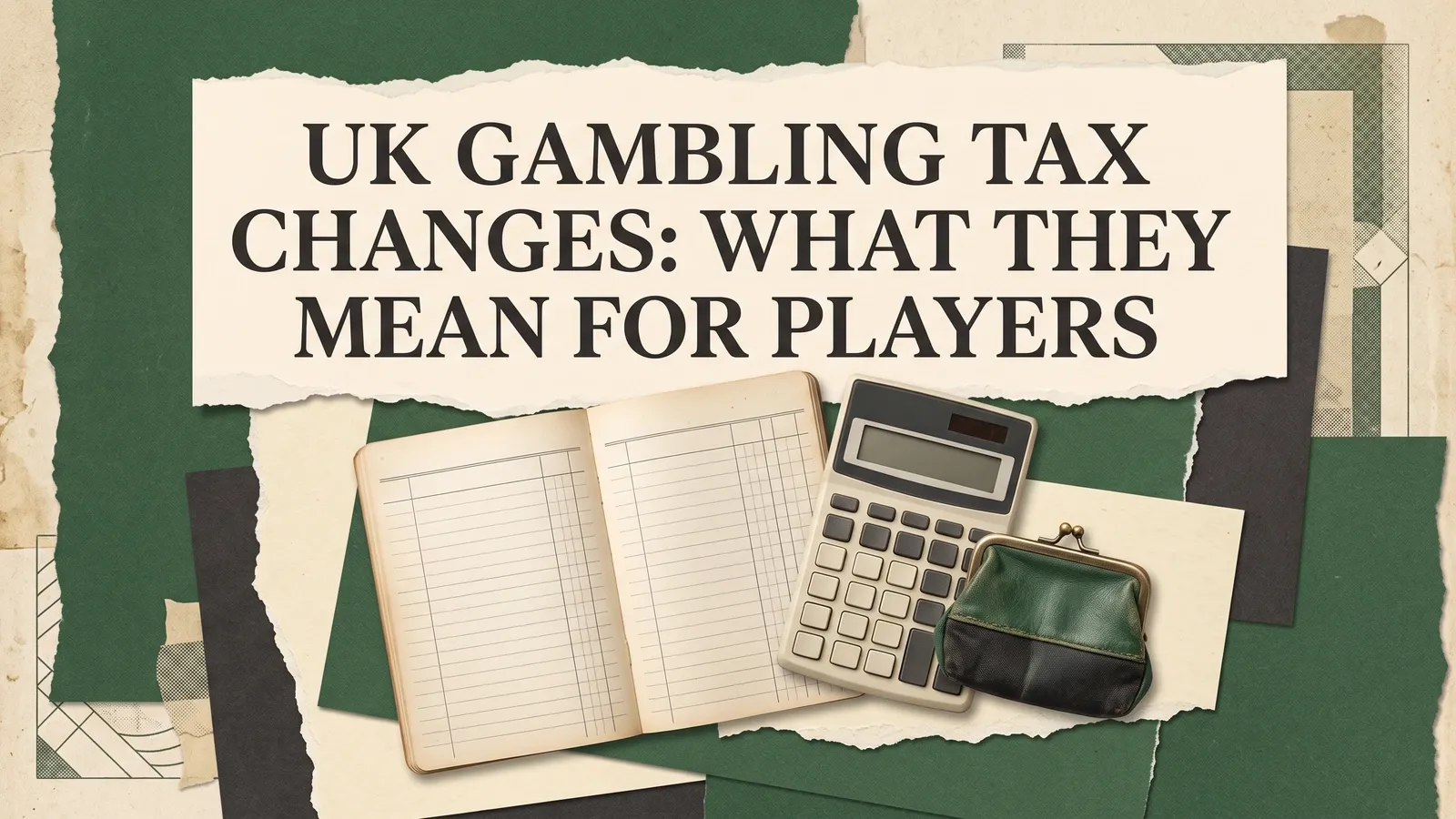 A blank ledger, calculator and coin purse beneath the headline about UK gambling tax changes.