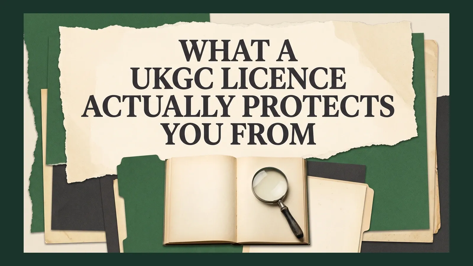 An open blank book and magnifying glass on layered paper beneath the guide title about what a UKGC licence protects.
