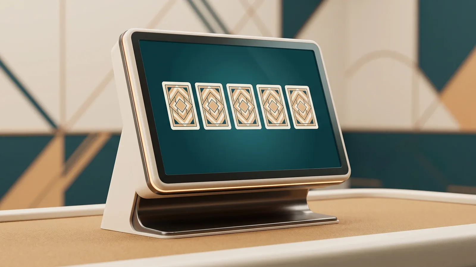 Terminal ilustrada de video póker con cinco cartas en pantalla