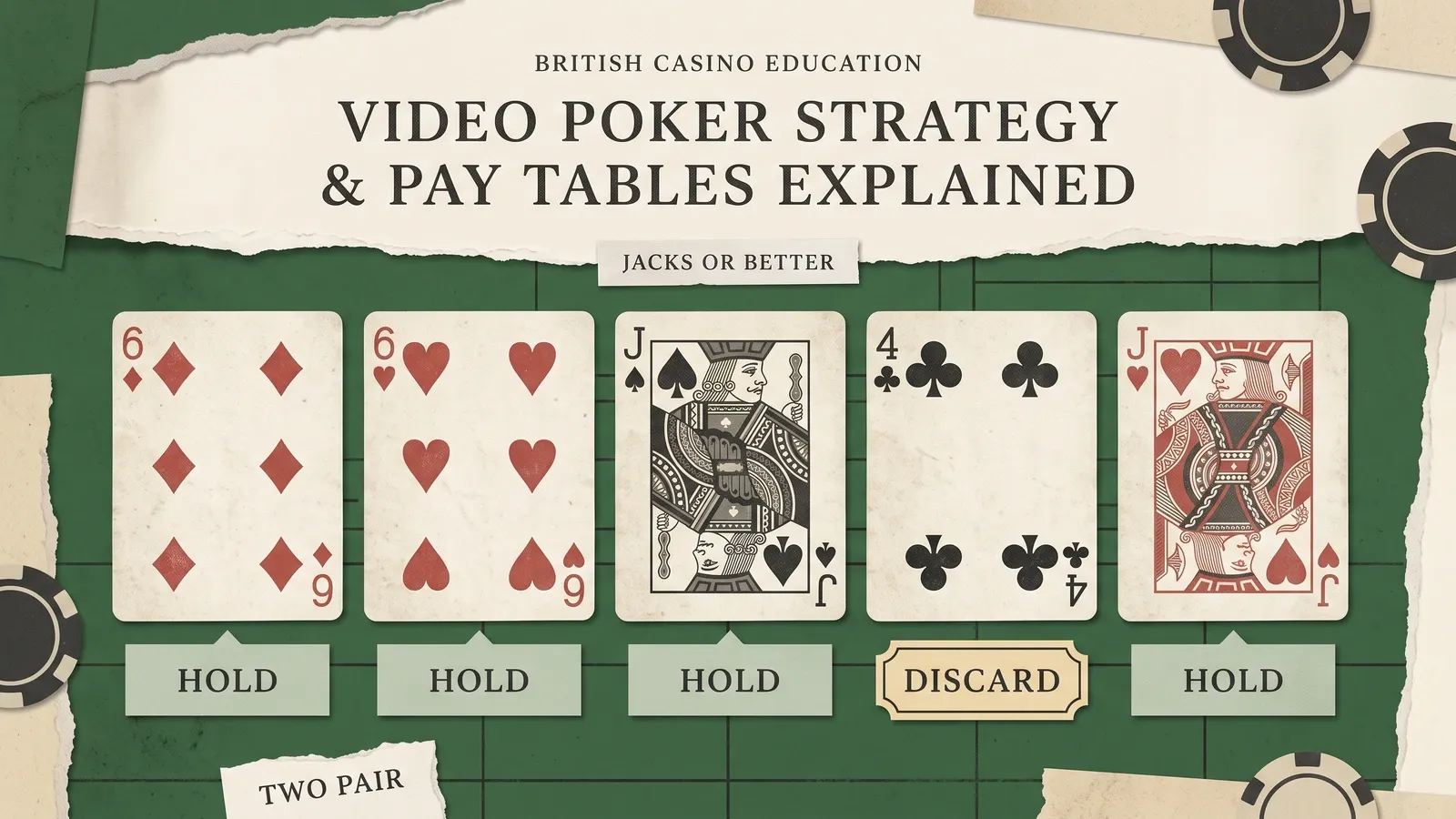 Jacks or Better hand holding the six of diamonds, six of hearts, jack of spades and jack of hearts, while discarding the four of clubs.